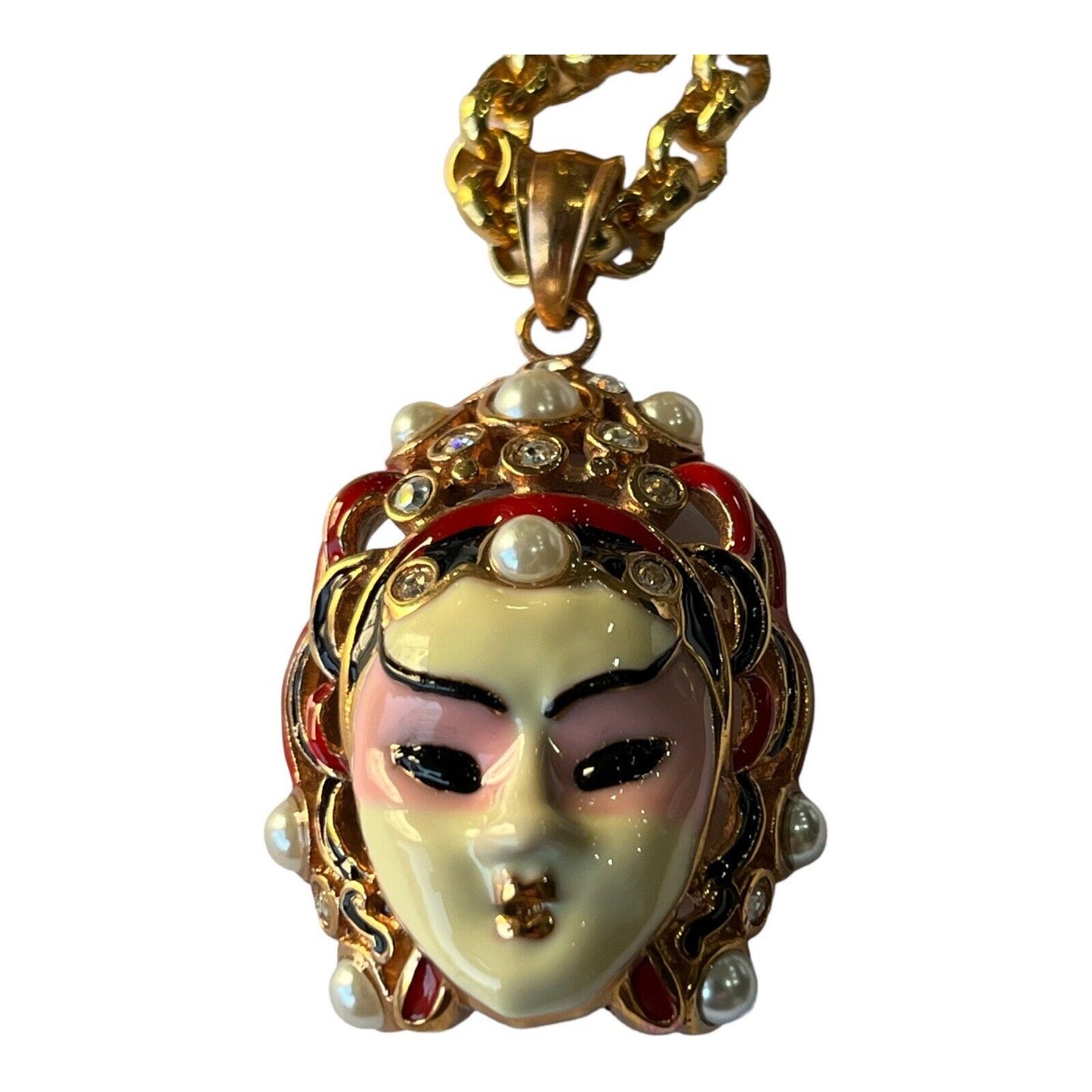 Vintage Gold Tone Enamelled Face Faux Pearl Pendant Necklace
