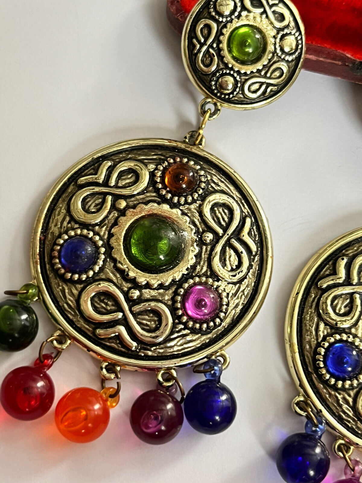 Vintage 1980s Gold Tone Multicoloured Large Statement Earrings
