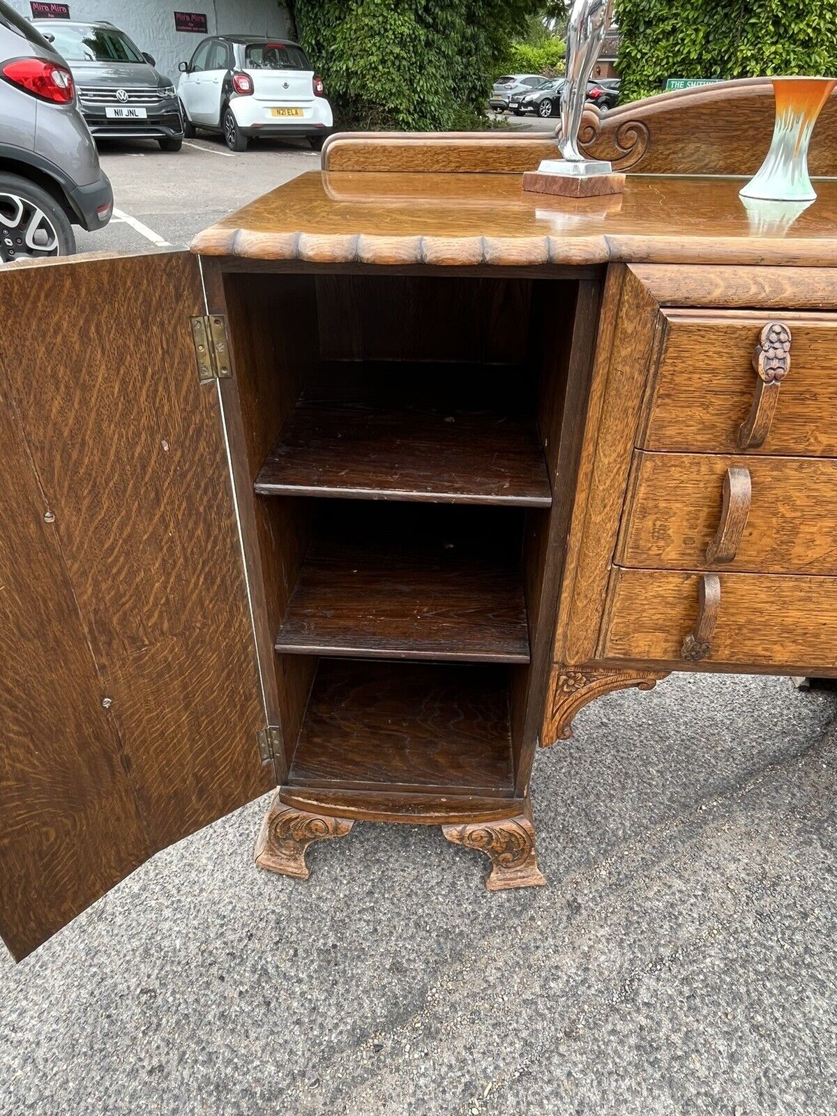 Art Deco Oak Sideboard. Circa 1930’s. Carved With Flowers . Lots Of Storage.