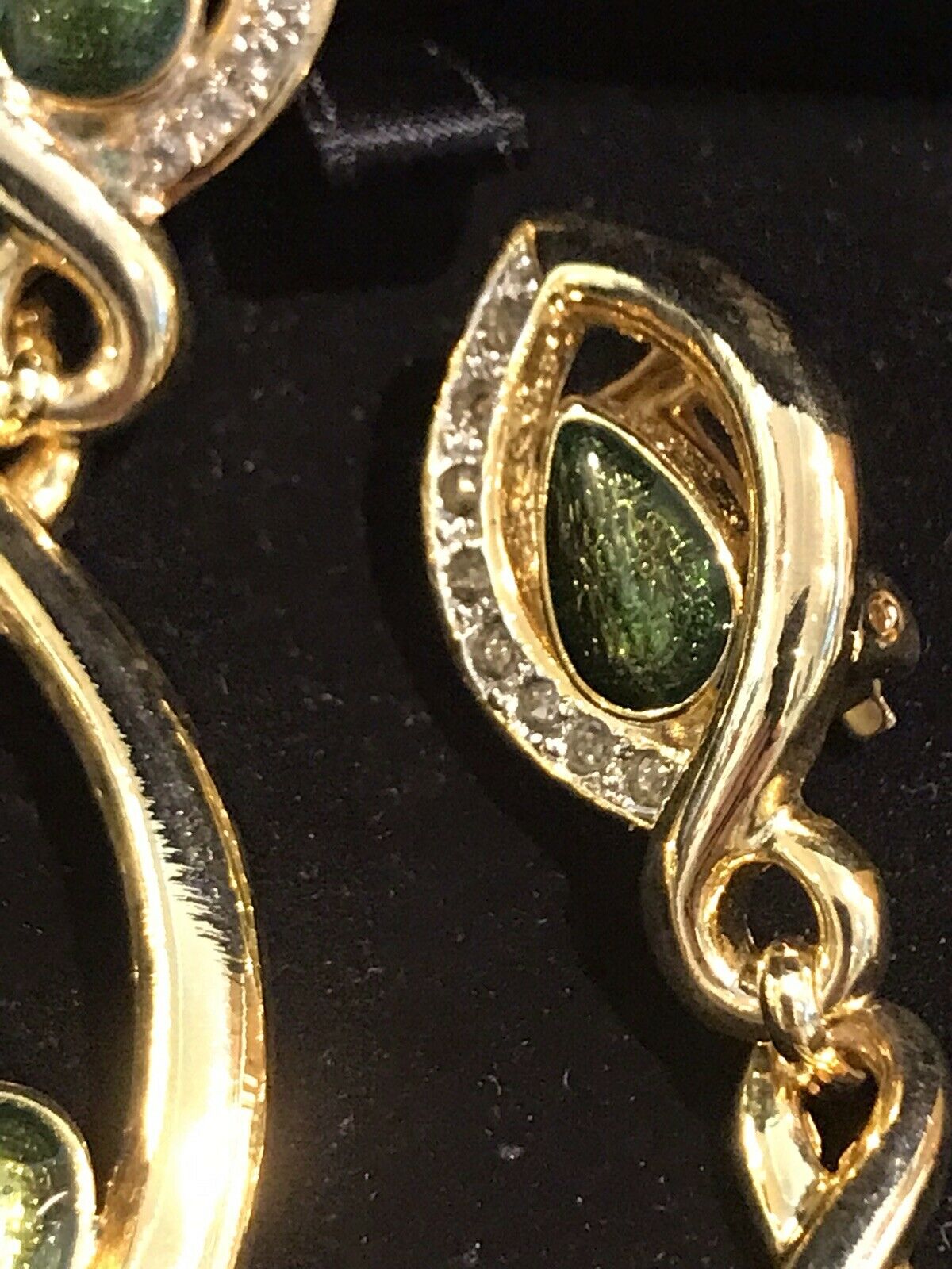 Vintage 1980s Statement Diamanté Green Enamel Drop Clip On Earrings