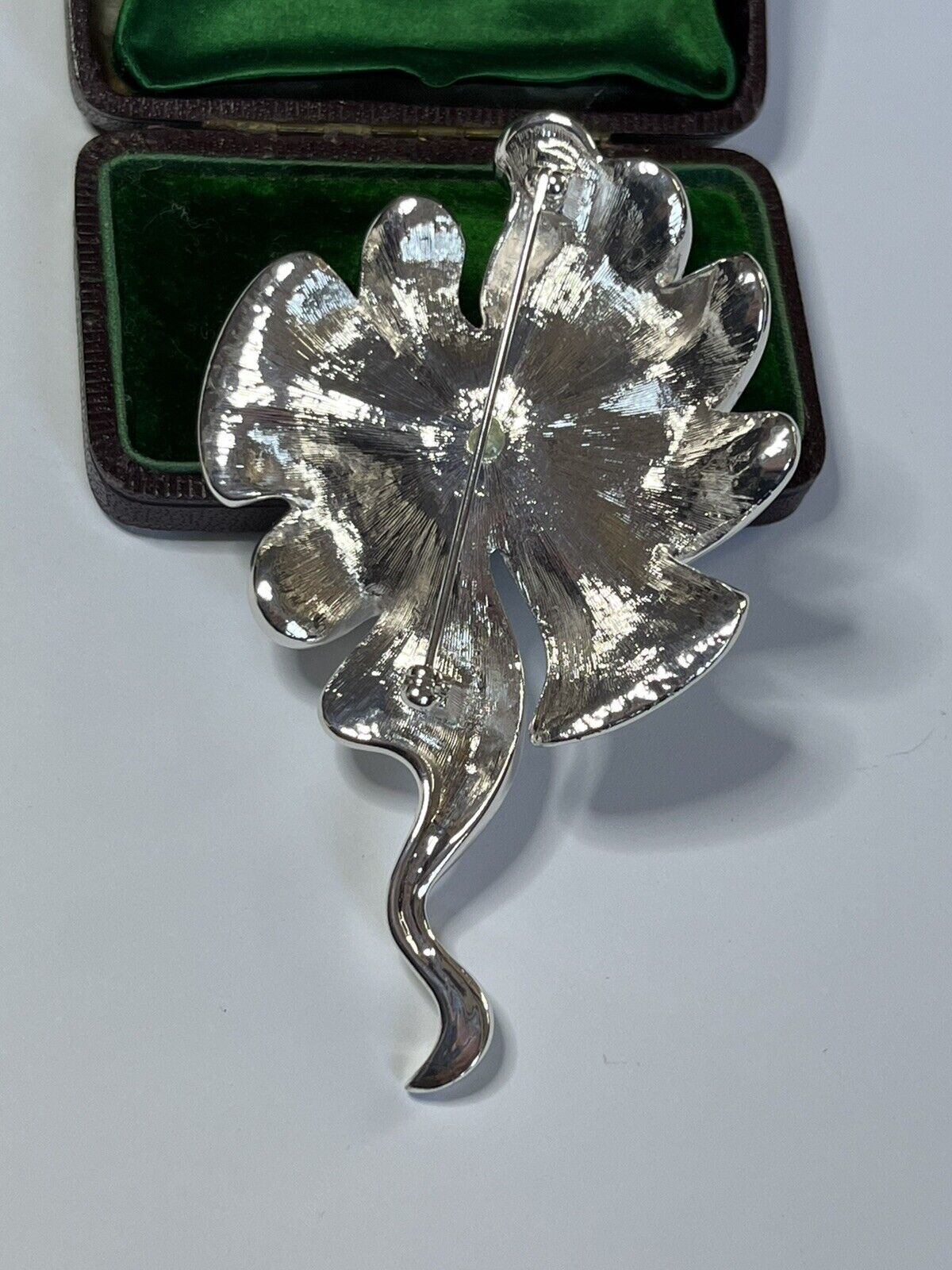 Vintage Statement Flower Rhodium Plated Green Faux Pearl And Diamanté Brooch