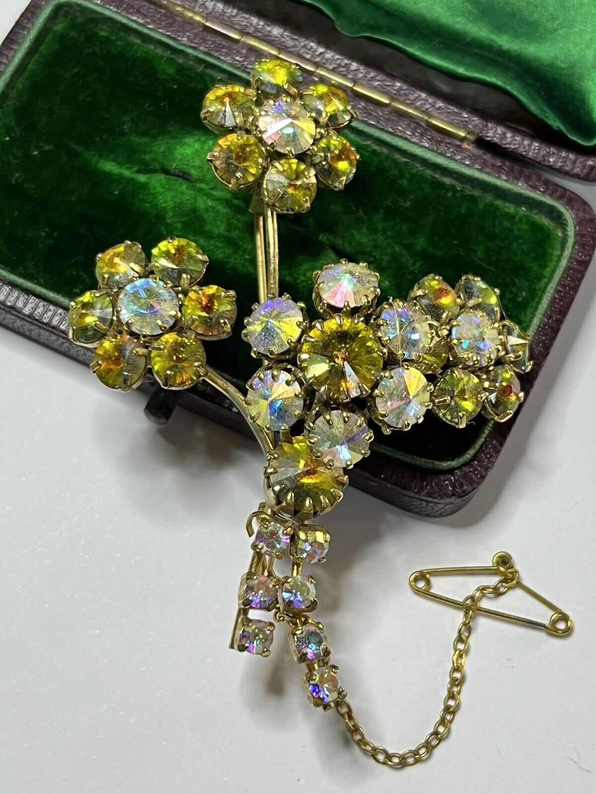 Vintage Aurora Borealis Flower Spray Brooch Safety Chain