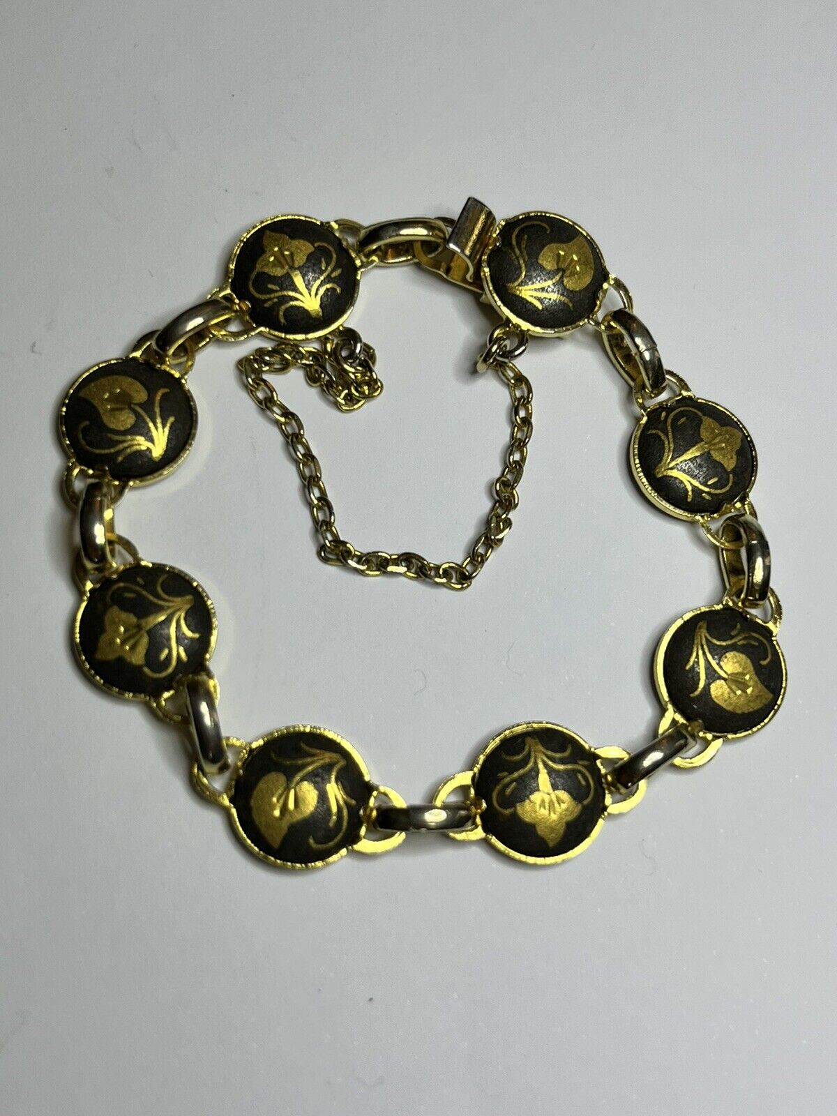 Vintage Toledo Demascene Spanish Gold Tone Leaf Bracelet Small Size