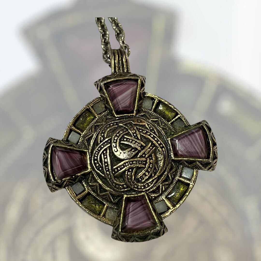 Vintage Miracle Signed Purple Green Glass Celtic Necklace