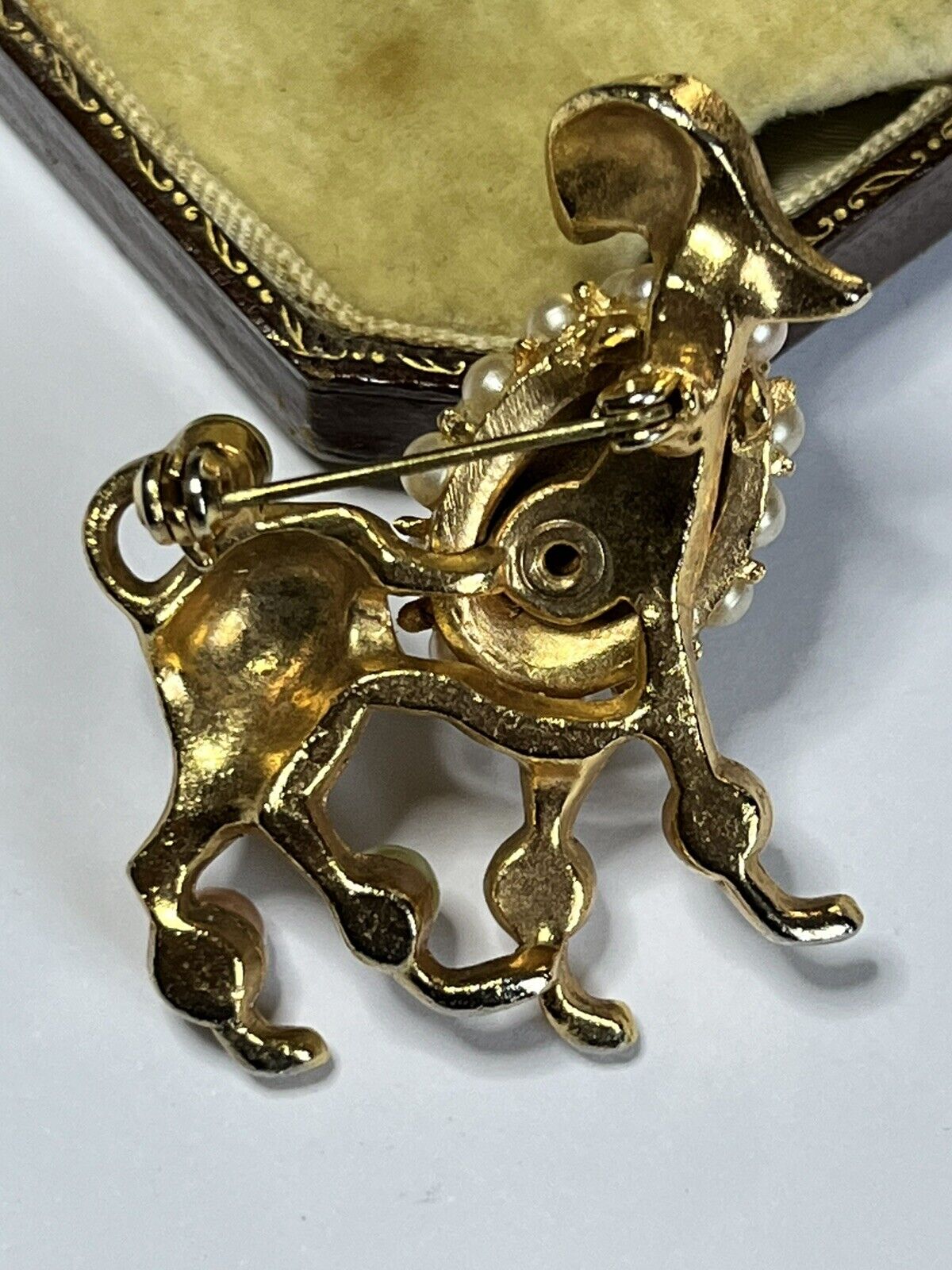 Vintage Gold Tone Faux Pearl Poodle Brooch