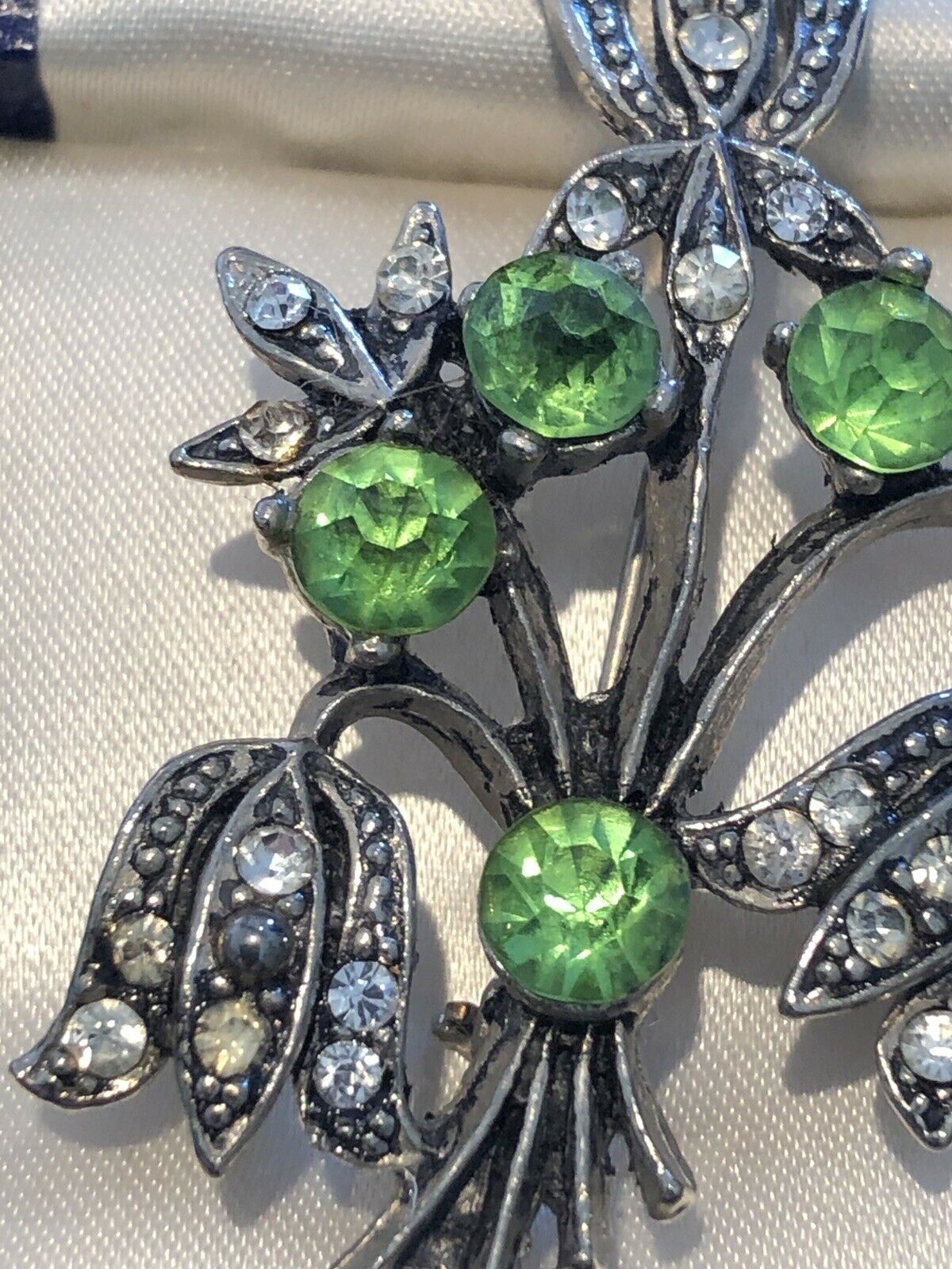 Vintage Silver Tone Green Clear Paste Flower Brooch