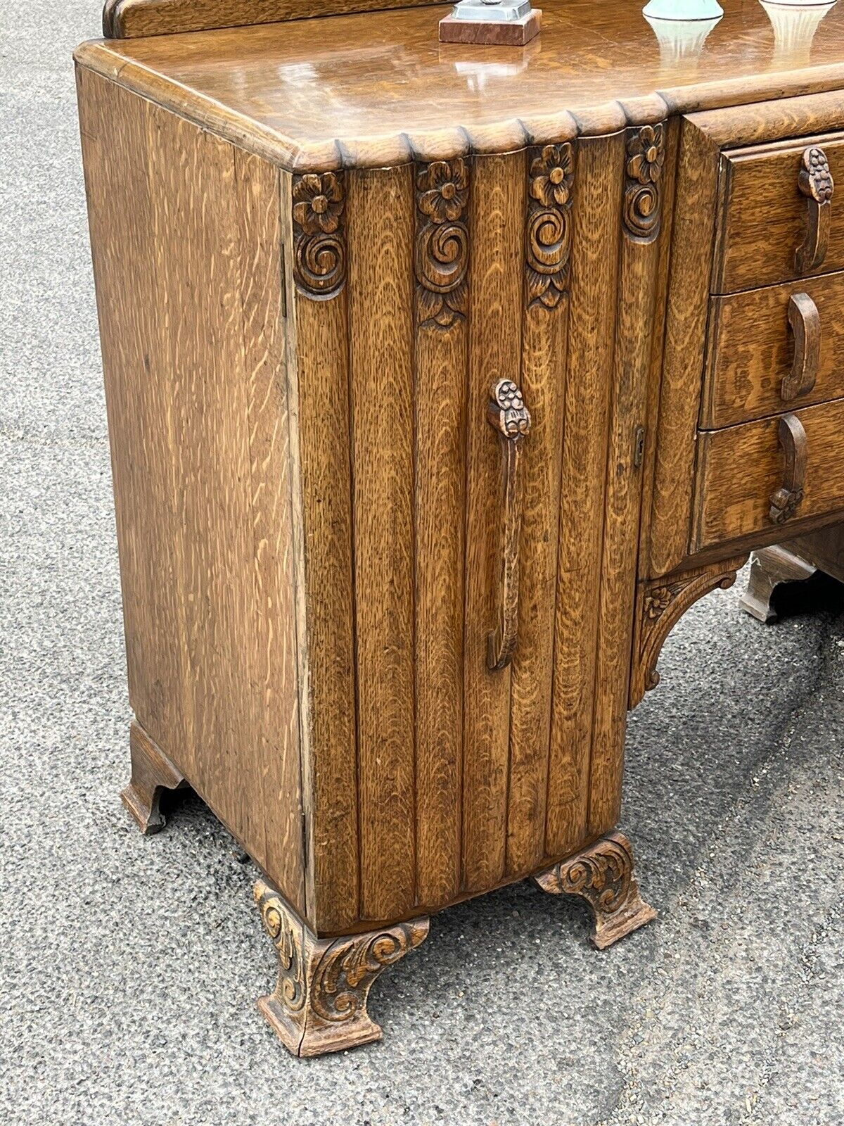 Art Deco Oak Sideboard. Circa 1930’s. Carved With Flowers . Lots Of Storage.