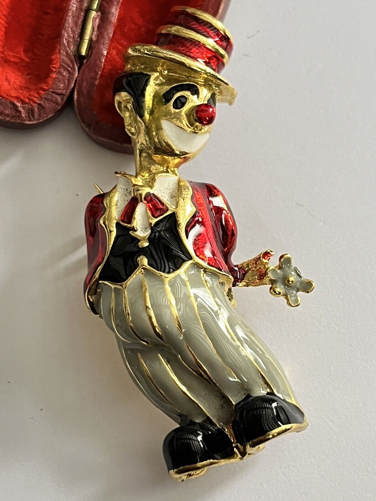 Vintage Gold Tone Enamel Red Clown Brooch
