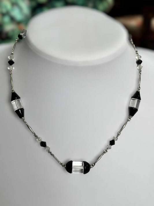 Vintage Deco Black Clear Beads On Chain Silver Tone Necklace