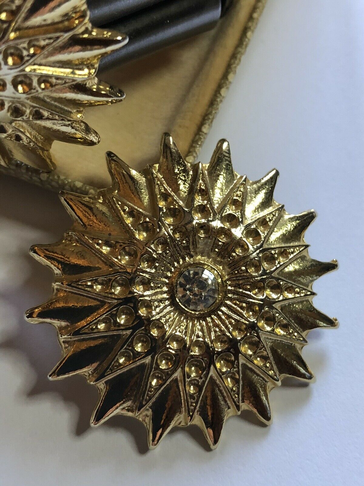 Vintage Sunburst Diamanté Gold Tone Leather Bracelet Clip On Earring Set