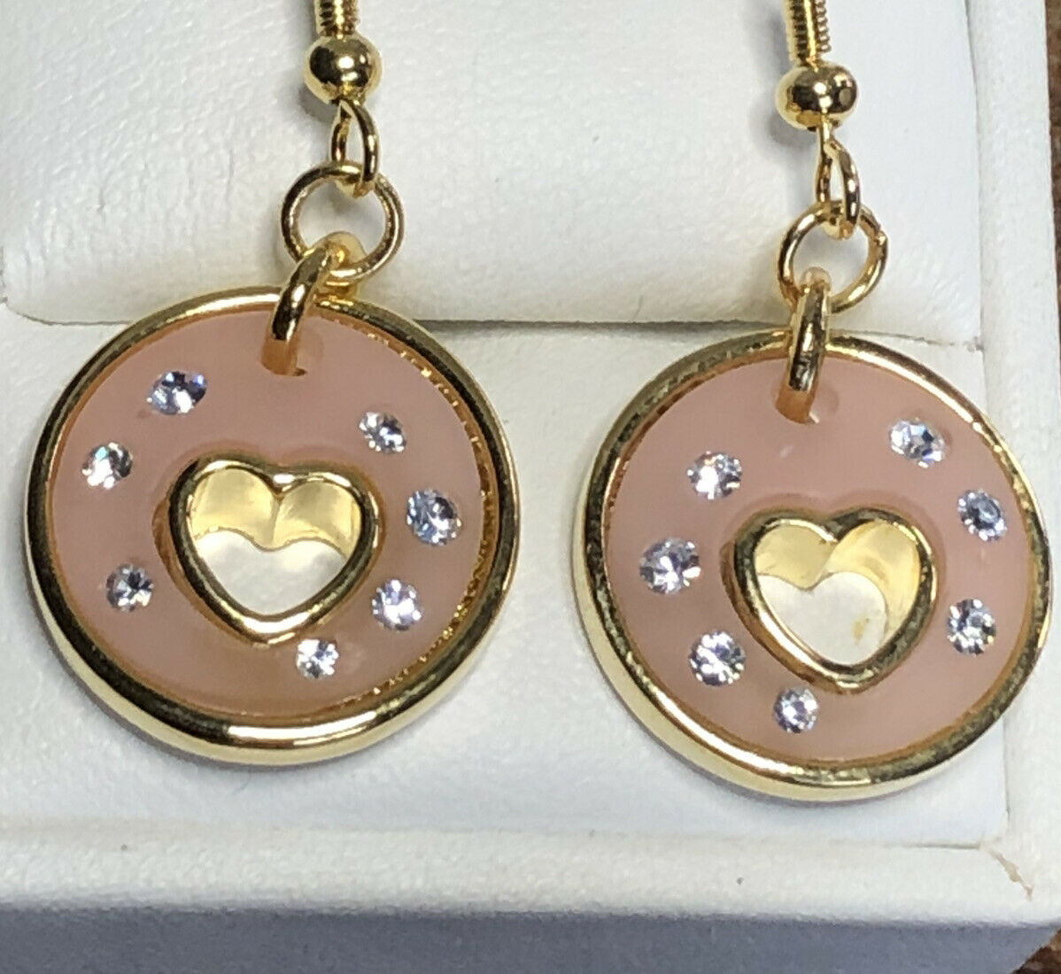 Vintage 1980s Gold Plated Pink Heart Diamanté Drop Earrings