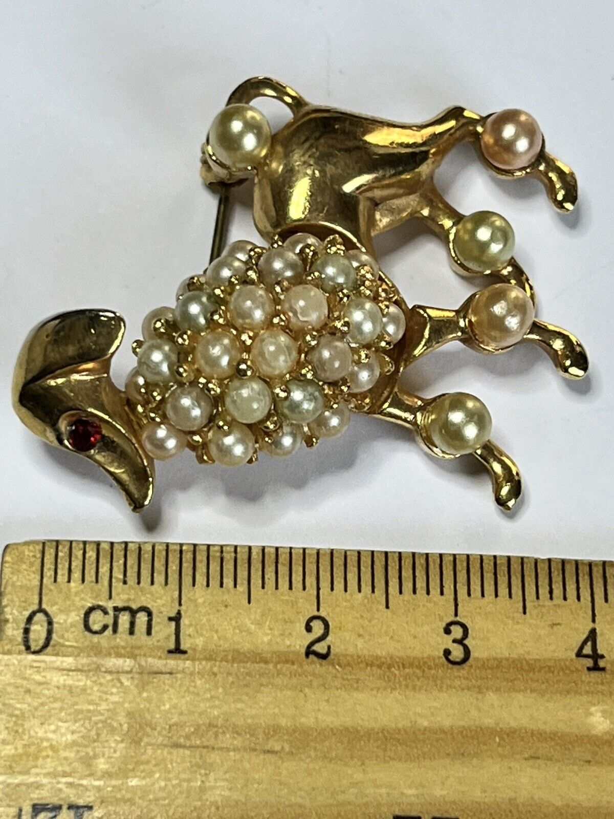 Vintage Gold Tone Faux Pearl Poodle Brooch