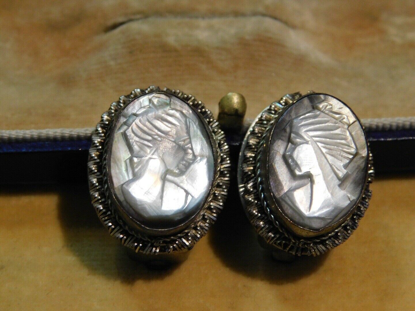 Vintage Old Carved Cameo Clip On Earrings