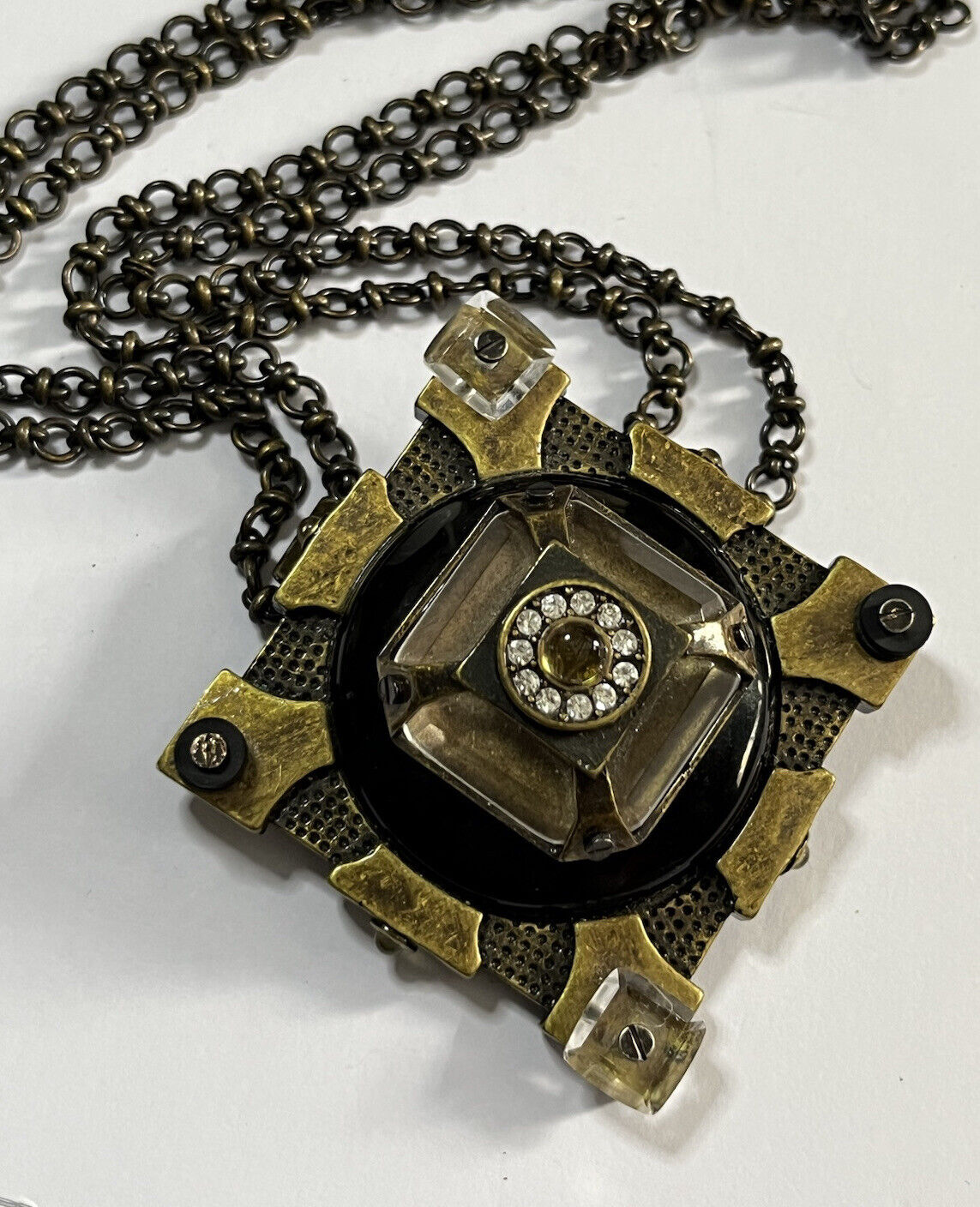 Vintage Statement Unique Metal Glass Brutalist Long Length Pendant Necklace