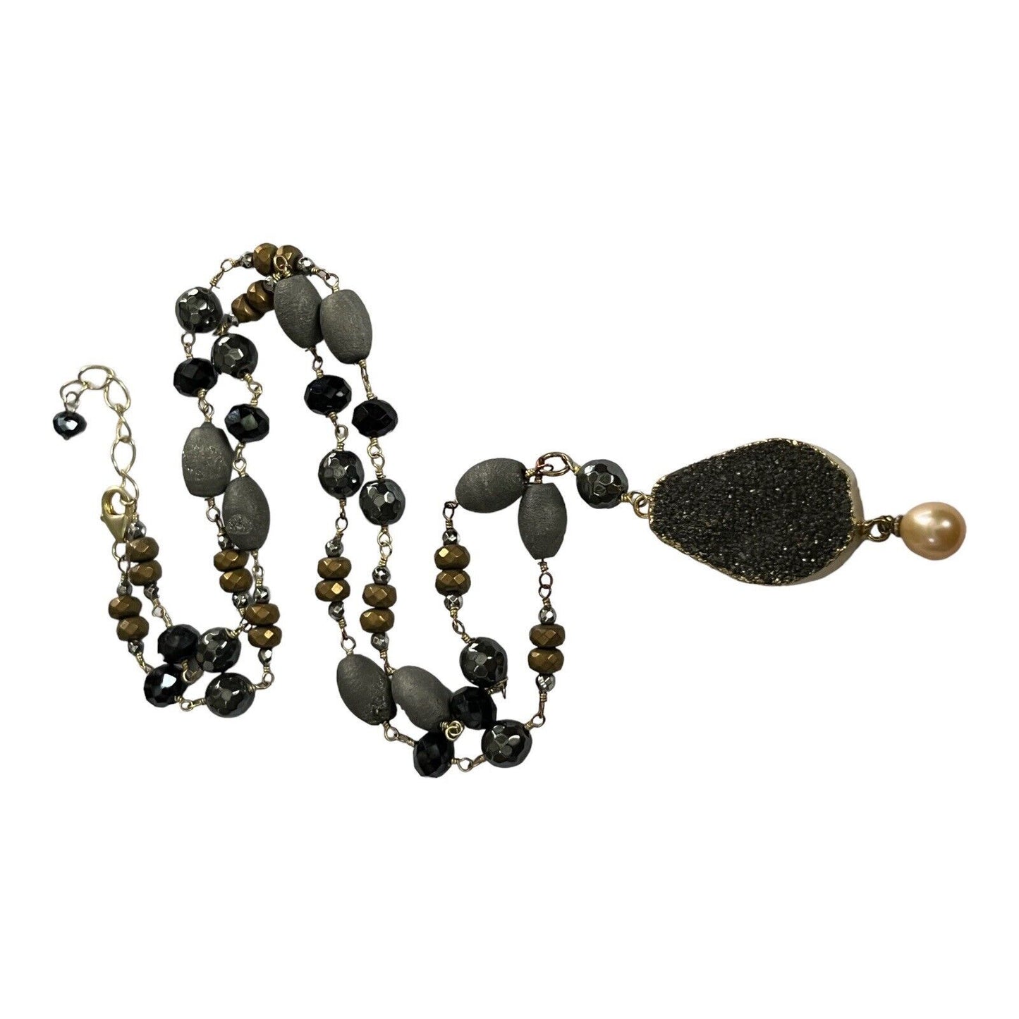 Vintage Gold Tone Natural Stone Long Length Beaded Necklace