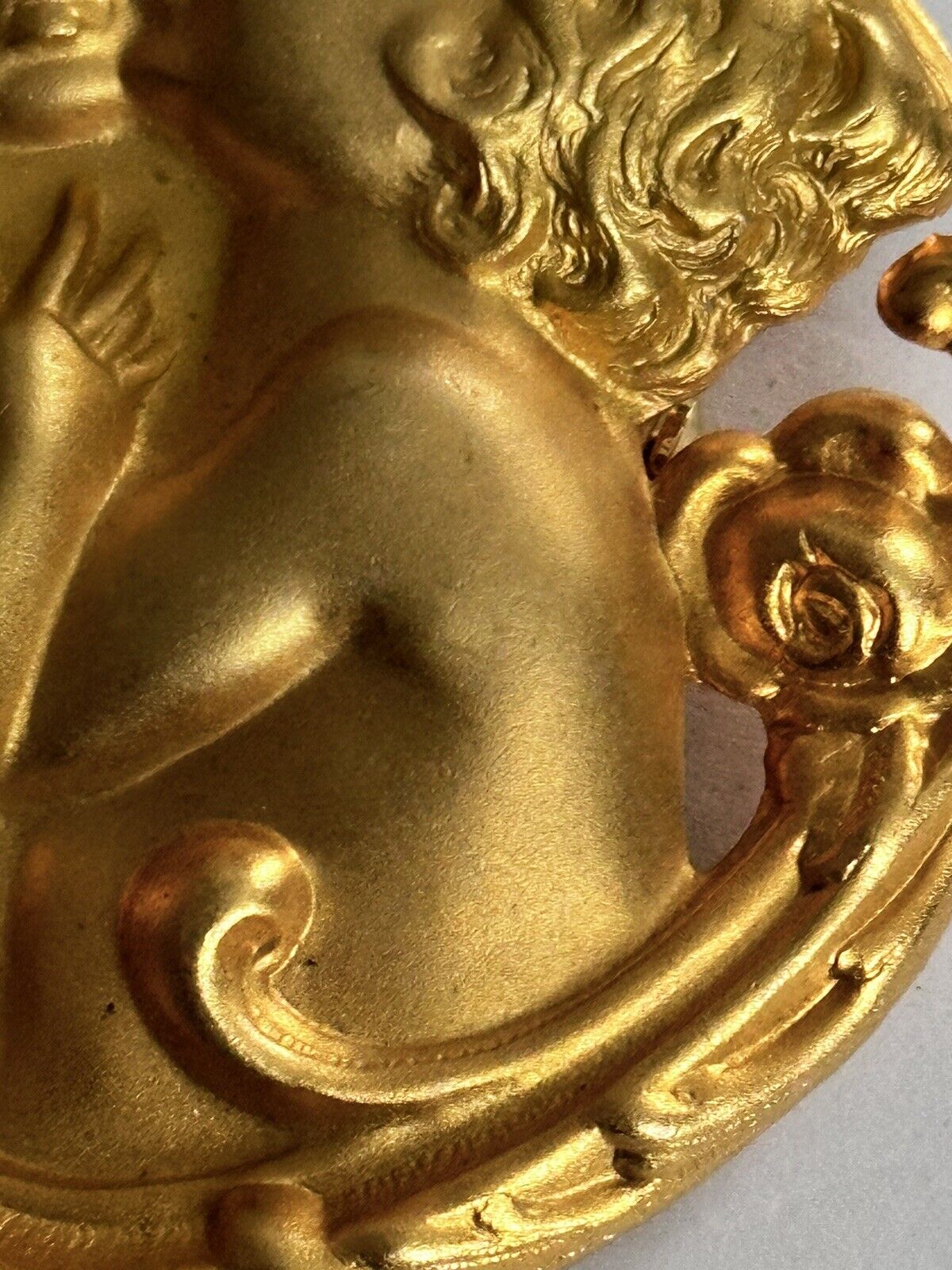 Vintage Gold Tone Cherub Statement Brooch
