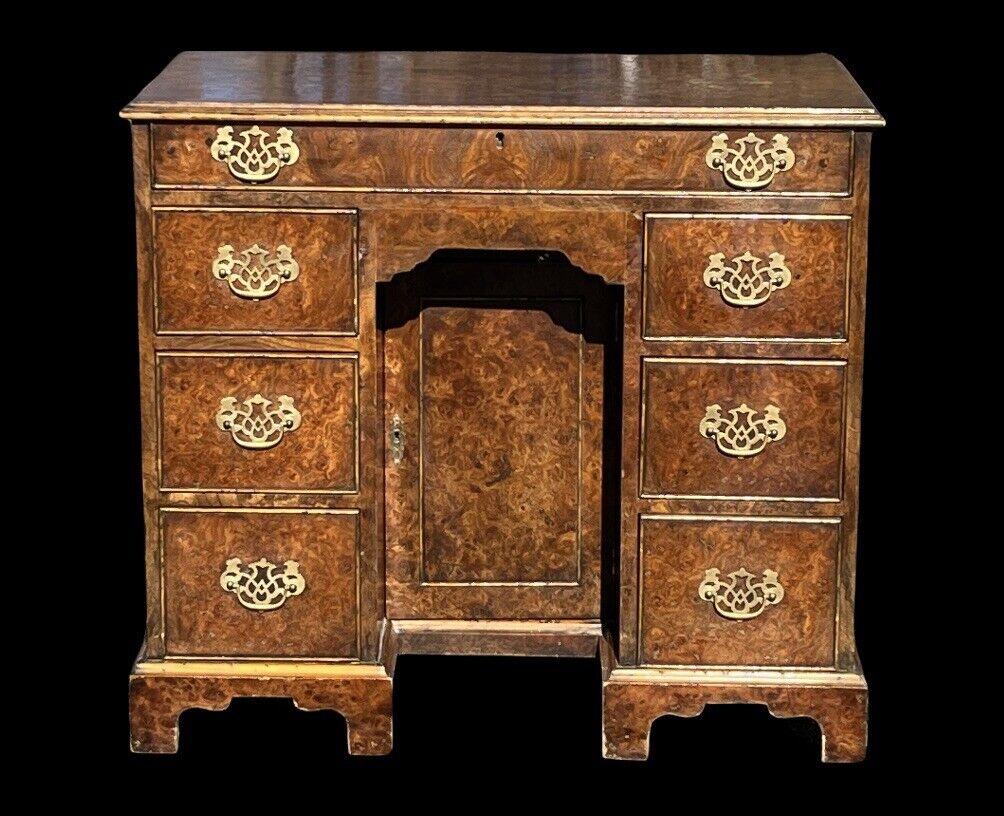 Burr Walnut Kneehole Desk. With Brass Handles And On Bracket Feet