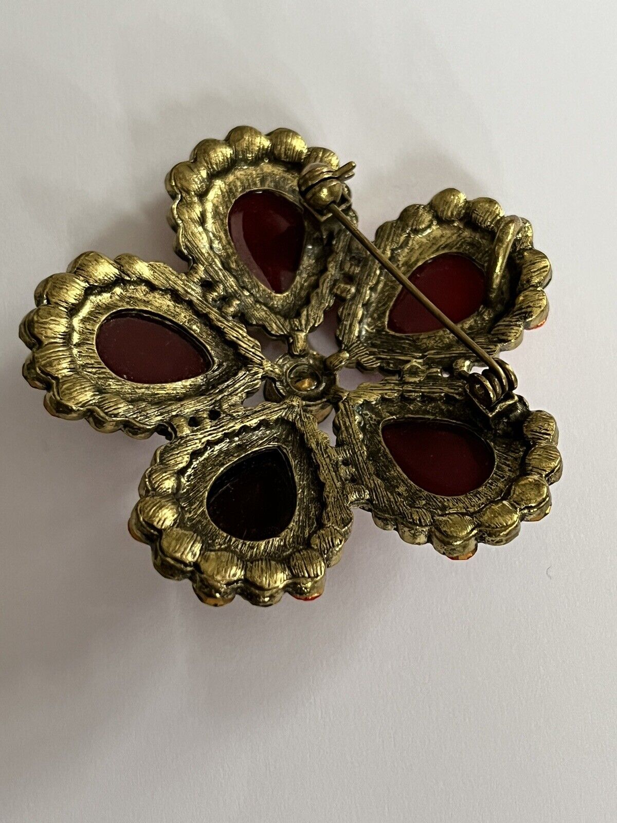 Vintage Red Green Diamanté Flower Statement Brooch