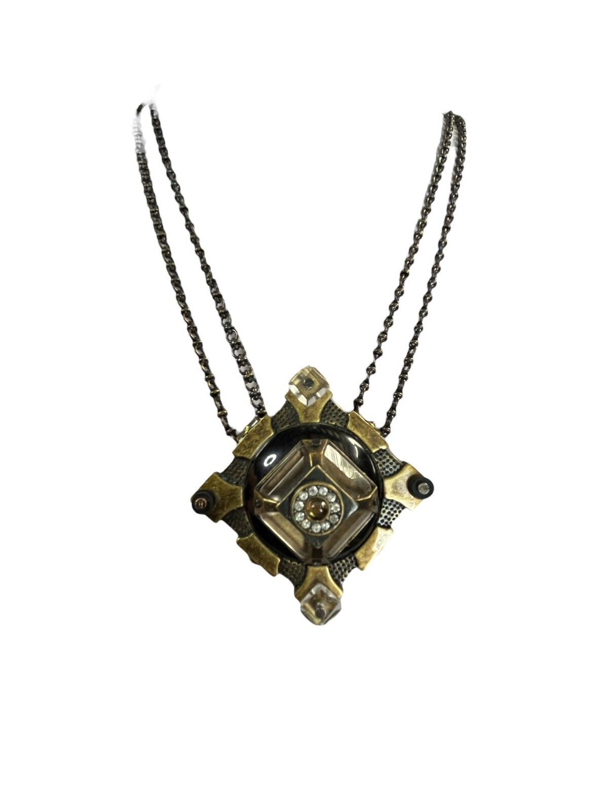 Vintage Statement Unique Metal Glass Brutalist Long Length Pendant Necklace