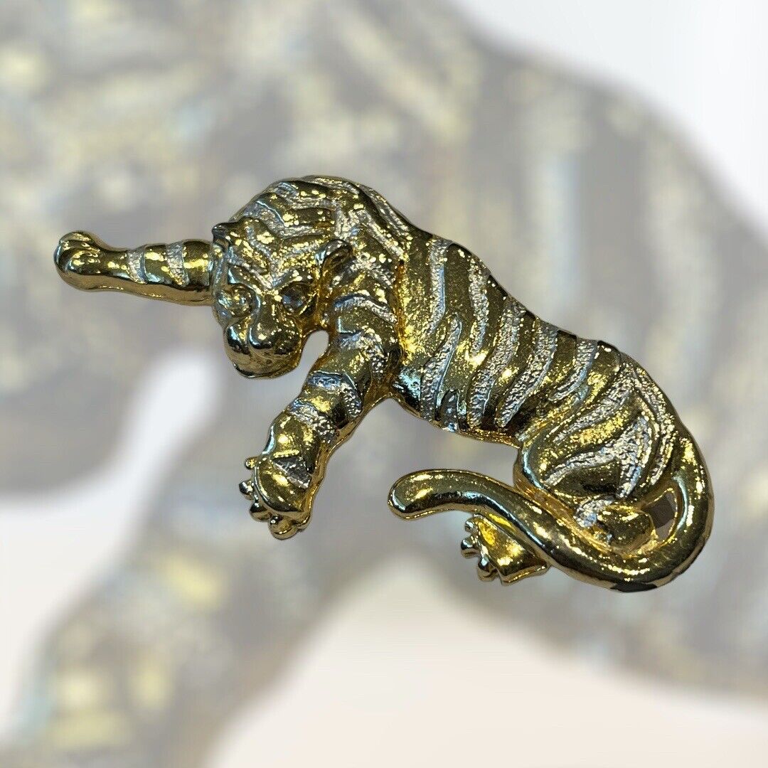 Vintage Gold Silver Tone Tiger Brooch