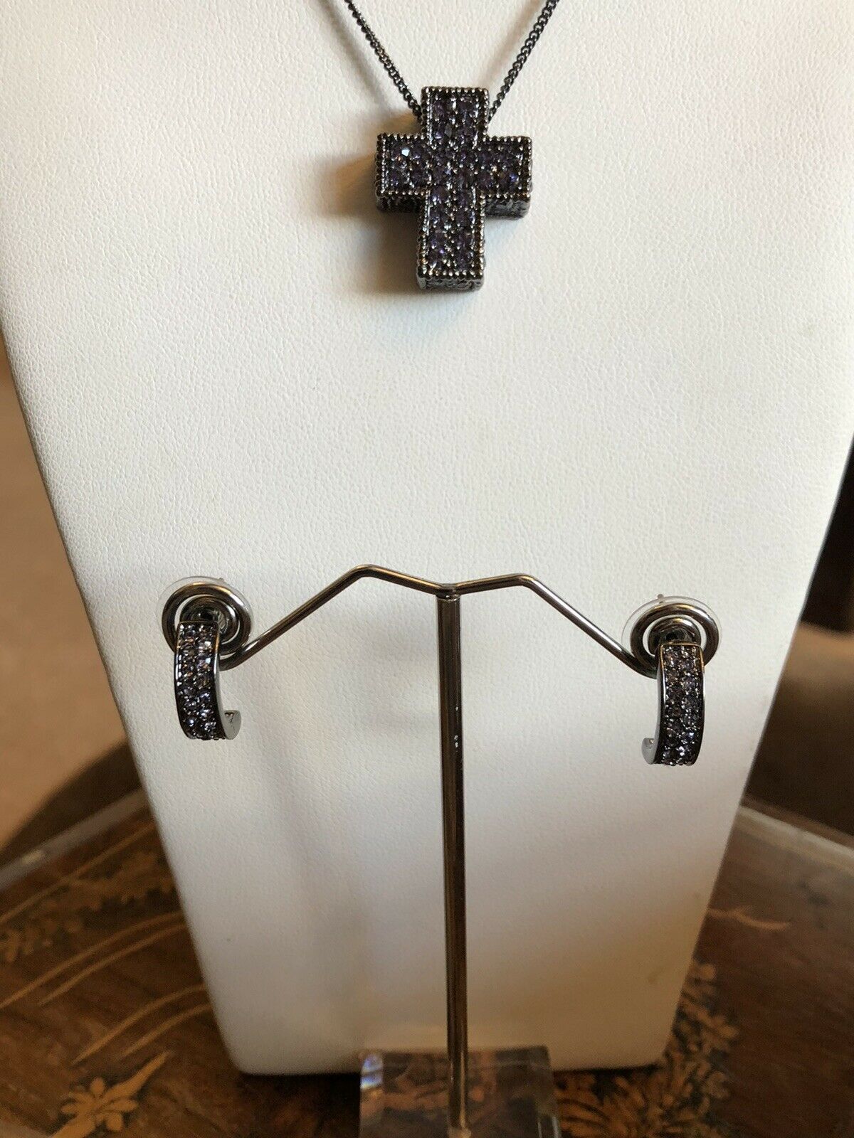 Vintage Gun Metal Diamanté Crucifix Cross Necklace And Earring Set