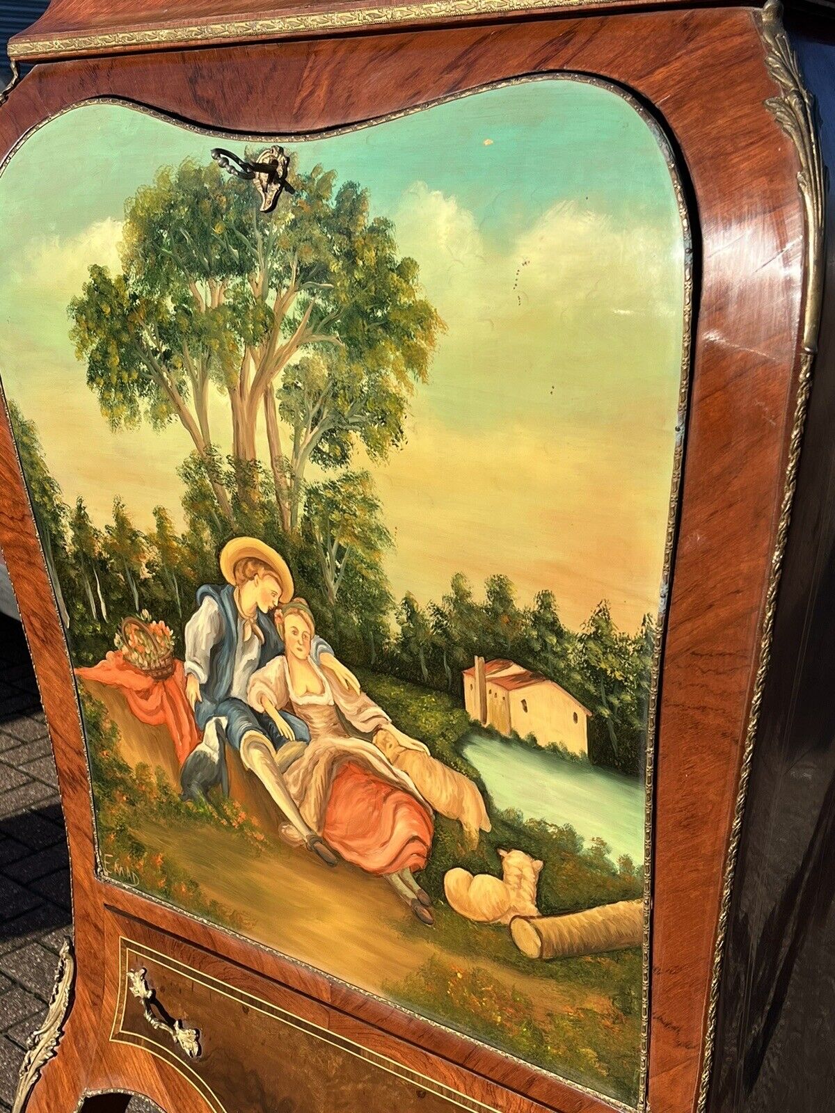French Style Drinks Cabinet With Ormolu, Marble & Painted Decoration