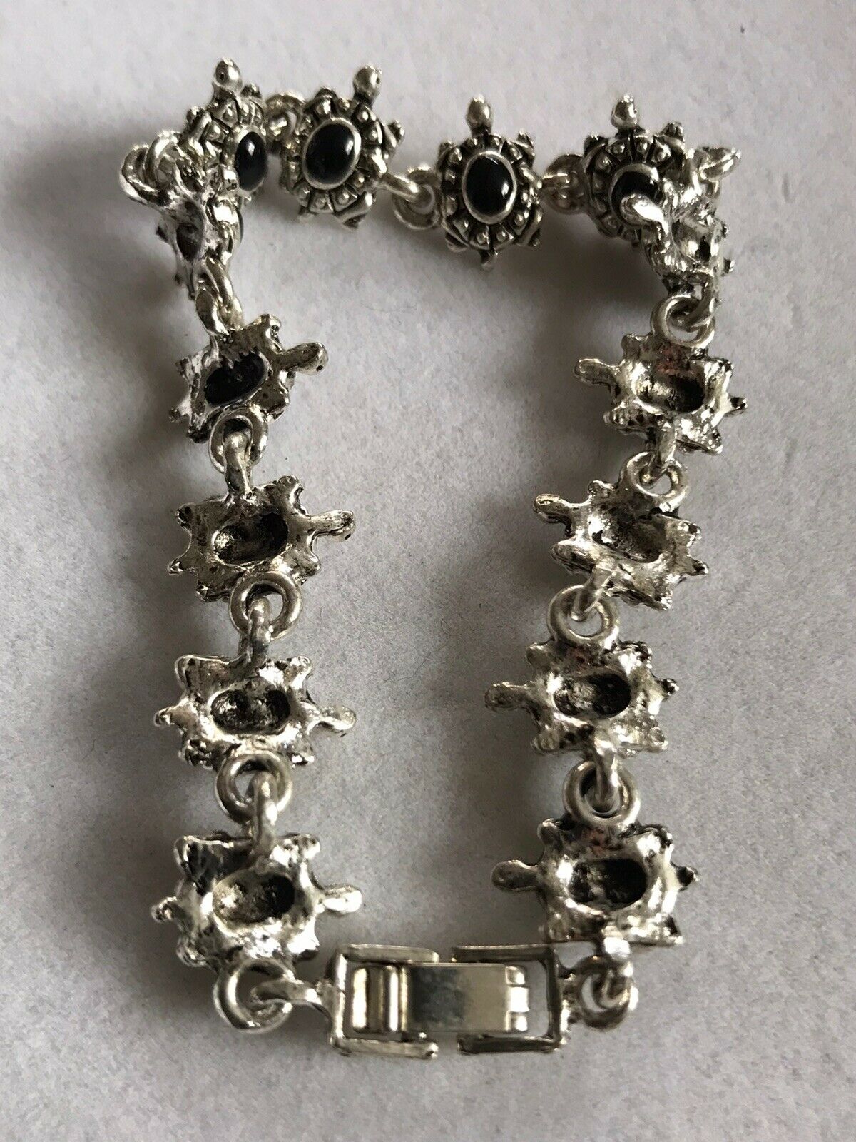 Vintage Silver Tone Black Enamel Turtle Bracelet