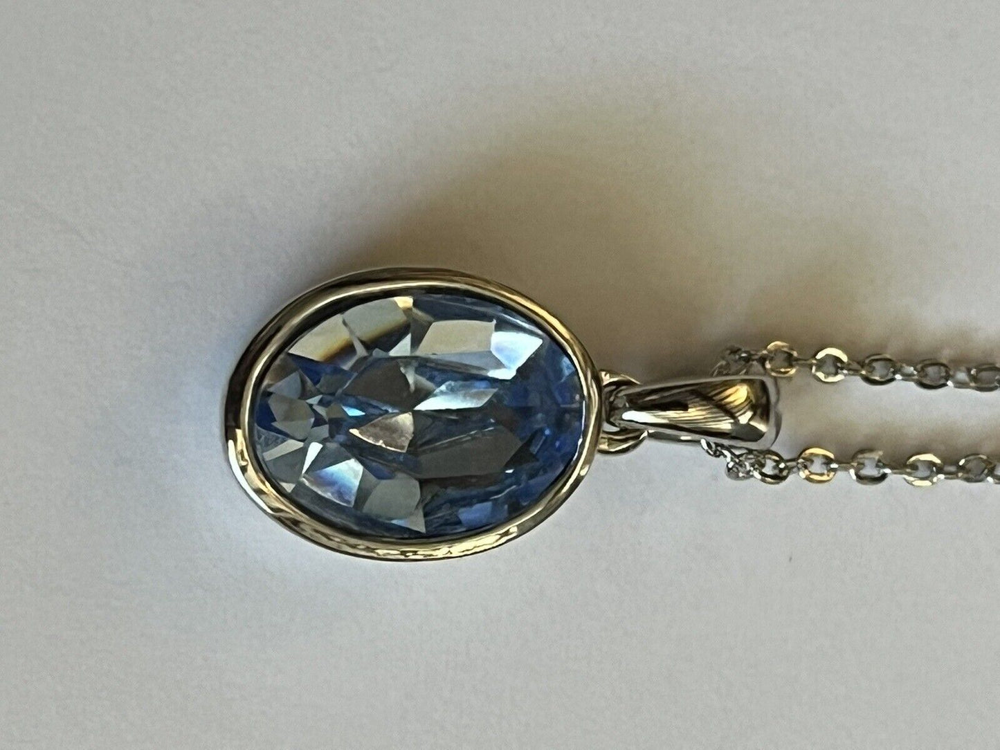 Vintage 1980s Rhodium Plated Blue Solitaire Crystal Necklace New Old Stock