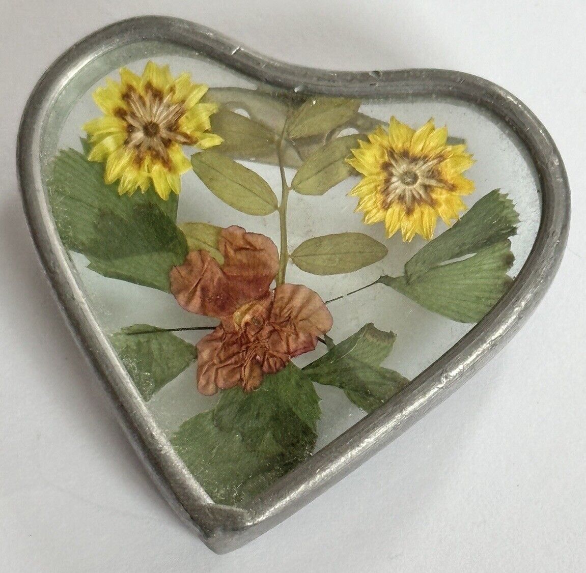 Vintage Dried Flower Heart Brooch