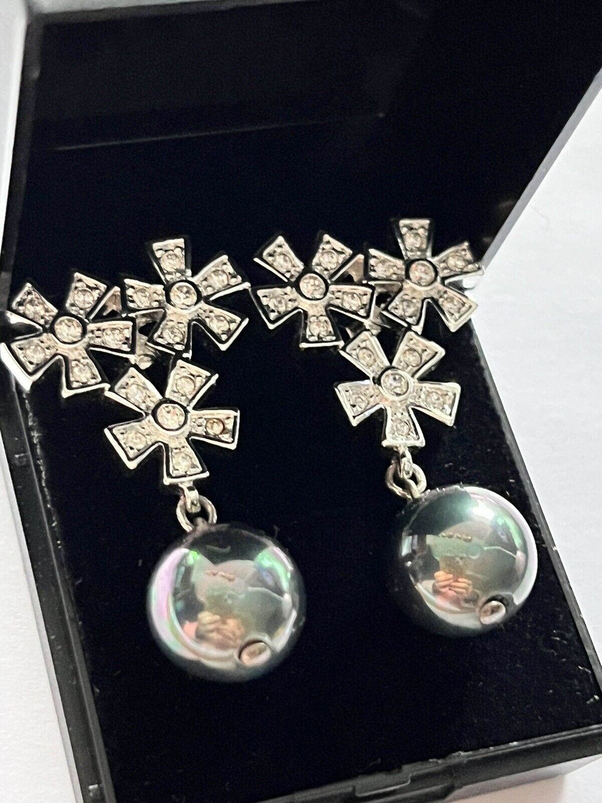 Vintage 1980s Rhodium Plated Crystal Flowers Drop Earrings New Old Stock Boxed