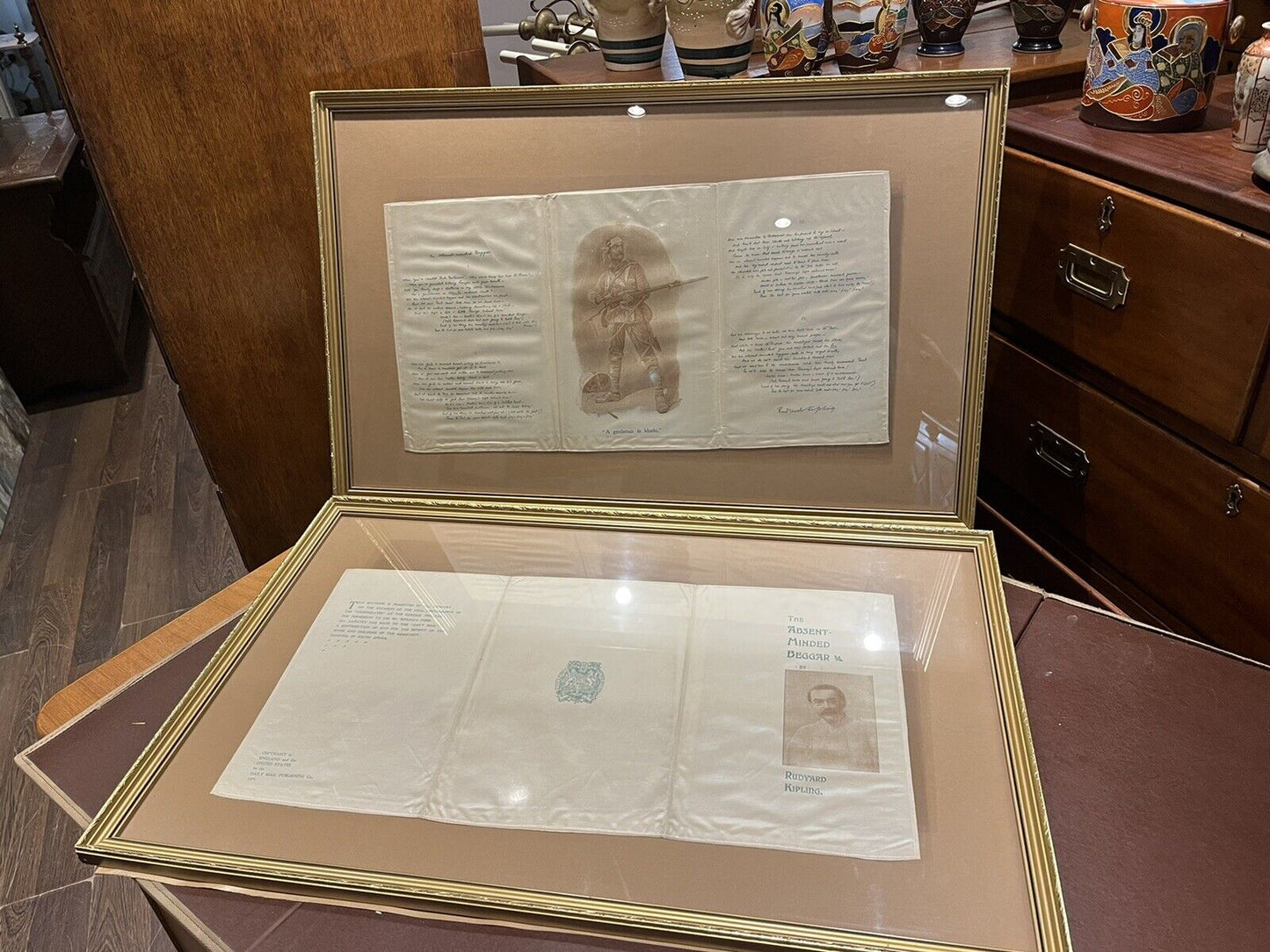 2 Framed Silk Souvenir From Garrick Theatre, Rudyard Kipling 1899.