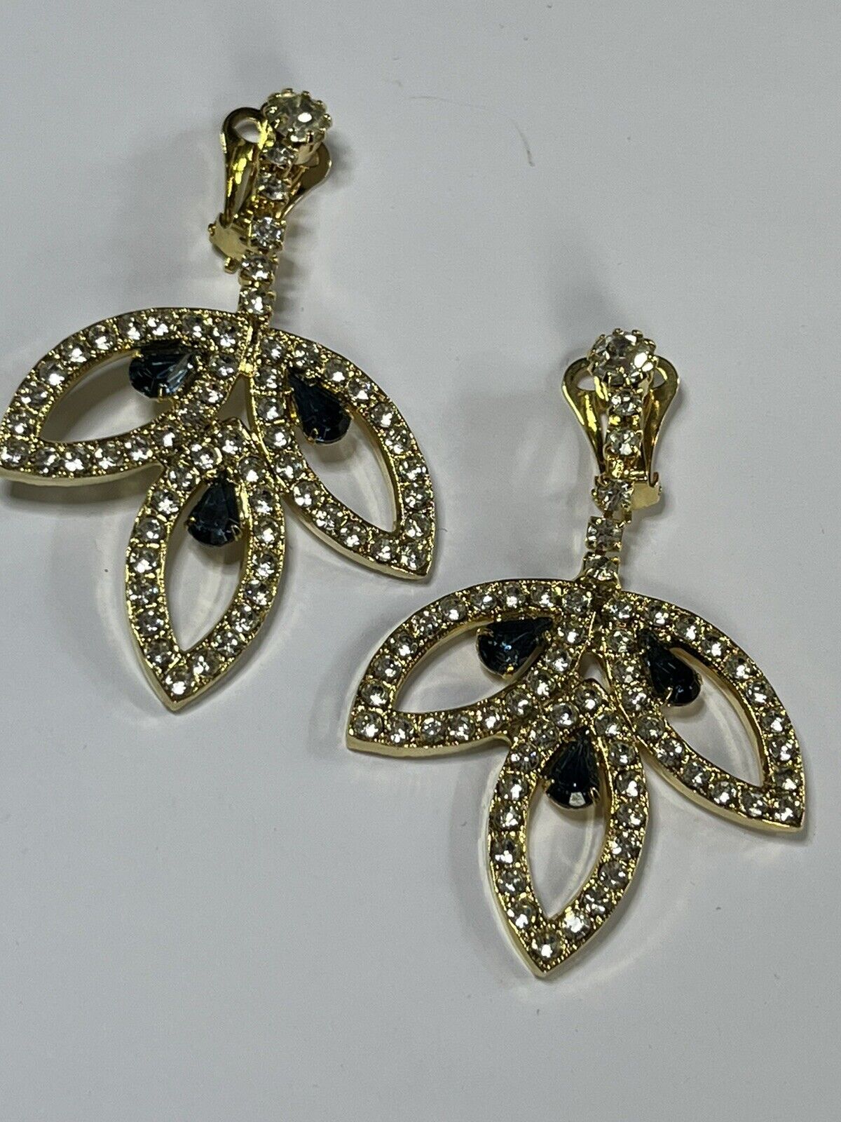Vintage Gold Tone Blue Clear Diamanté Drop Clip On Earrings