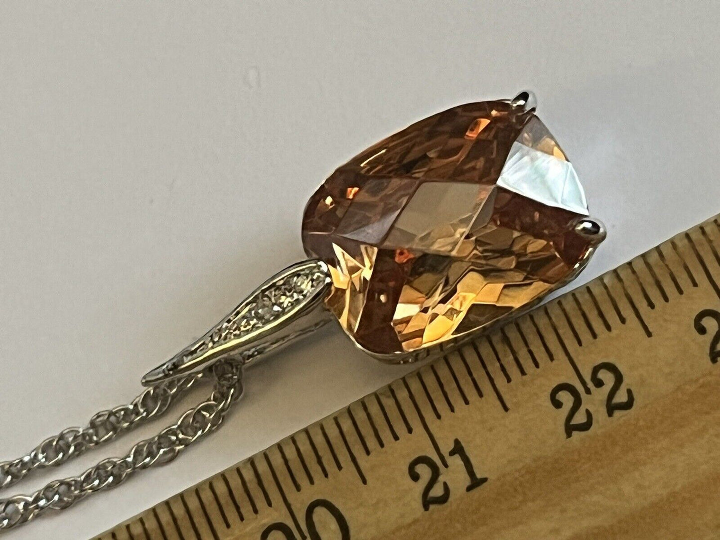 Vintage 1980s Rhodium Plated Solitaire Orange Crystal Necklace New Old Stock