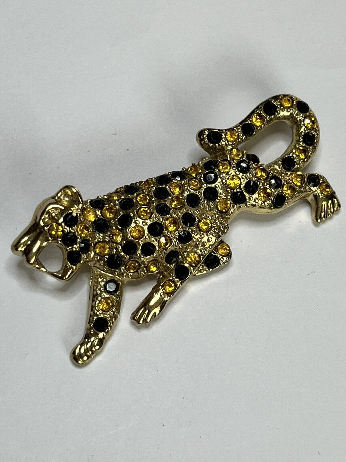 Vintage Gold Tone Leopard Diamanté Brooch
