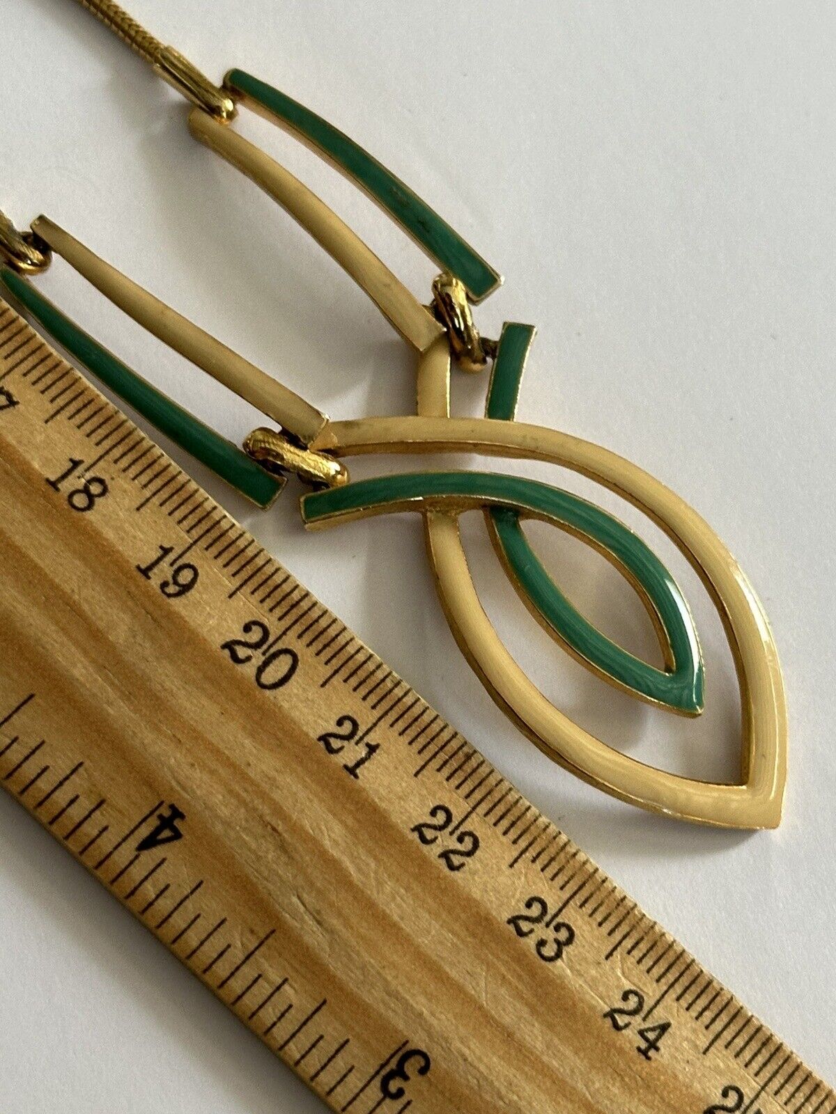 Vintage Green Enamel Cream Gold Tone Necklace