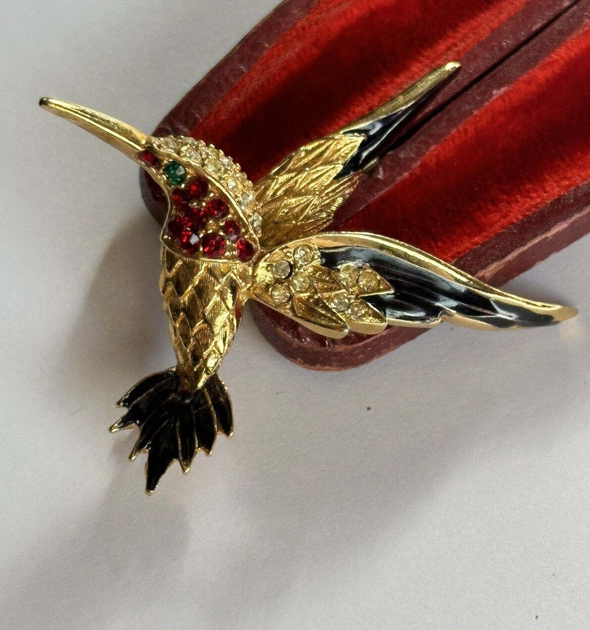 Vintage Gold Plated Red Diamanté Black Enamel Bird Brooch