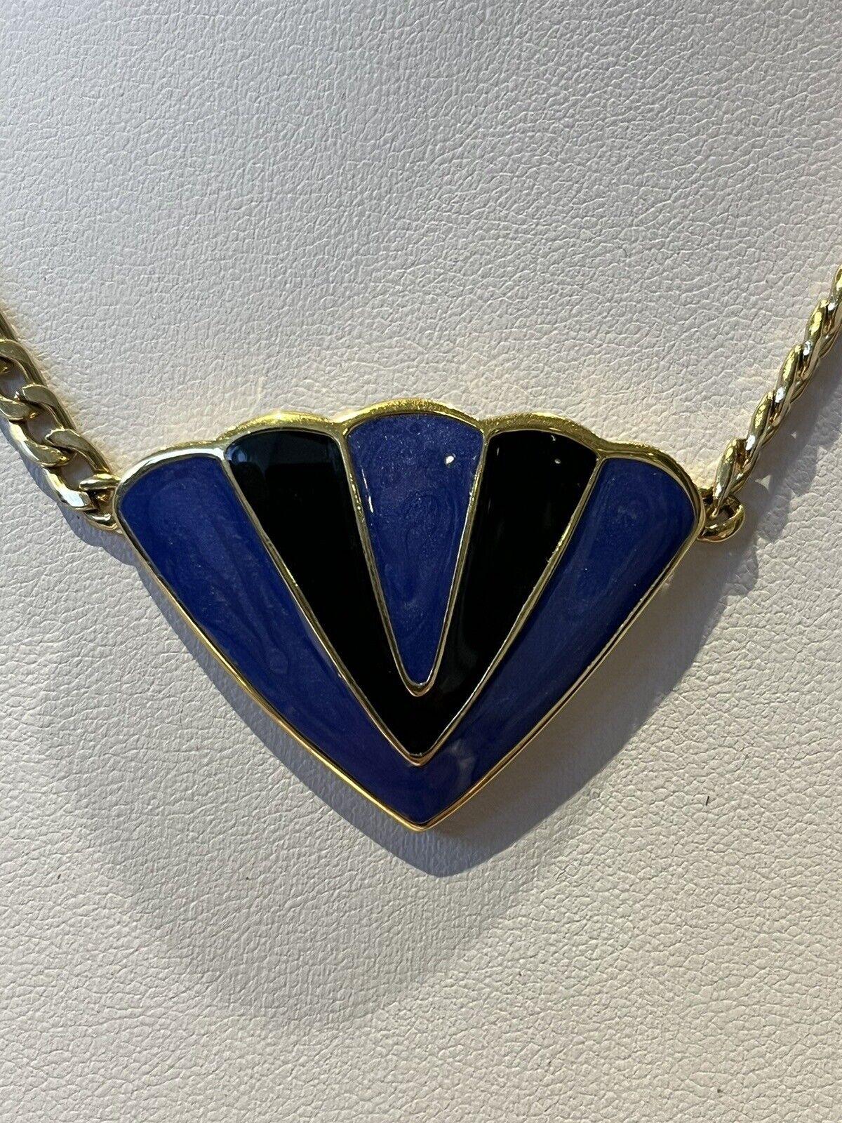 Vintage Gold Plated Blue Black Enamel Signed Necklace