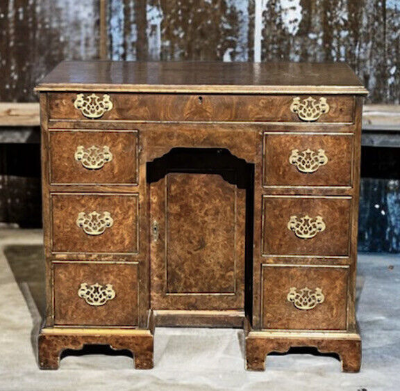 Burr Walnut Kneehole Desk. With Brass Handles And On Bracket Feet