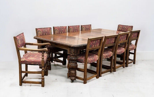 Antique Extending Oak Table & 10 Chairs. Super Quality.