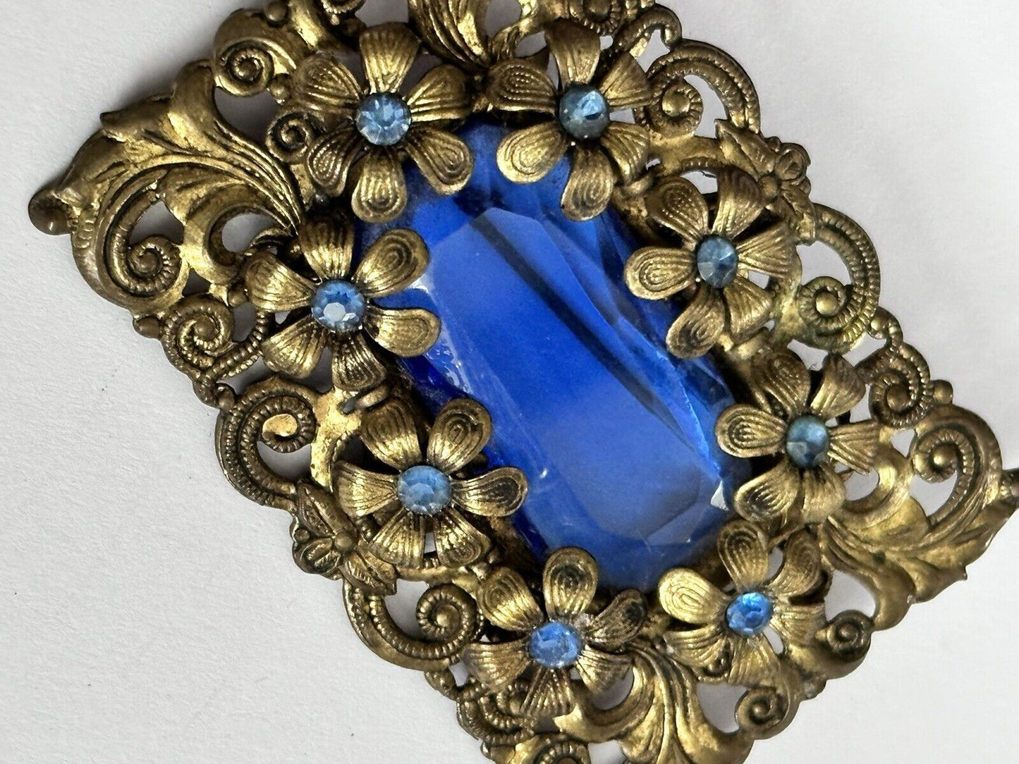 Vintage Blue Flowers Czech Crystal Brooch