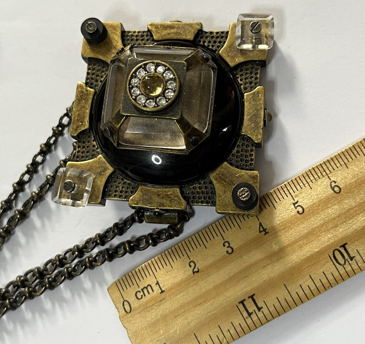 Vintage Statement Unique Metal Glass Brutalist Long Length Pendant Necklace