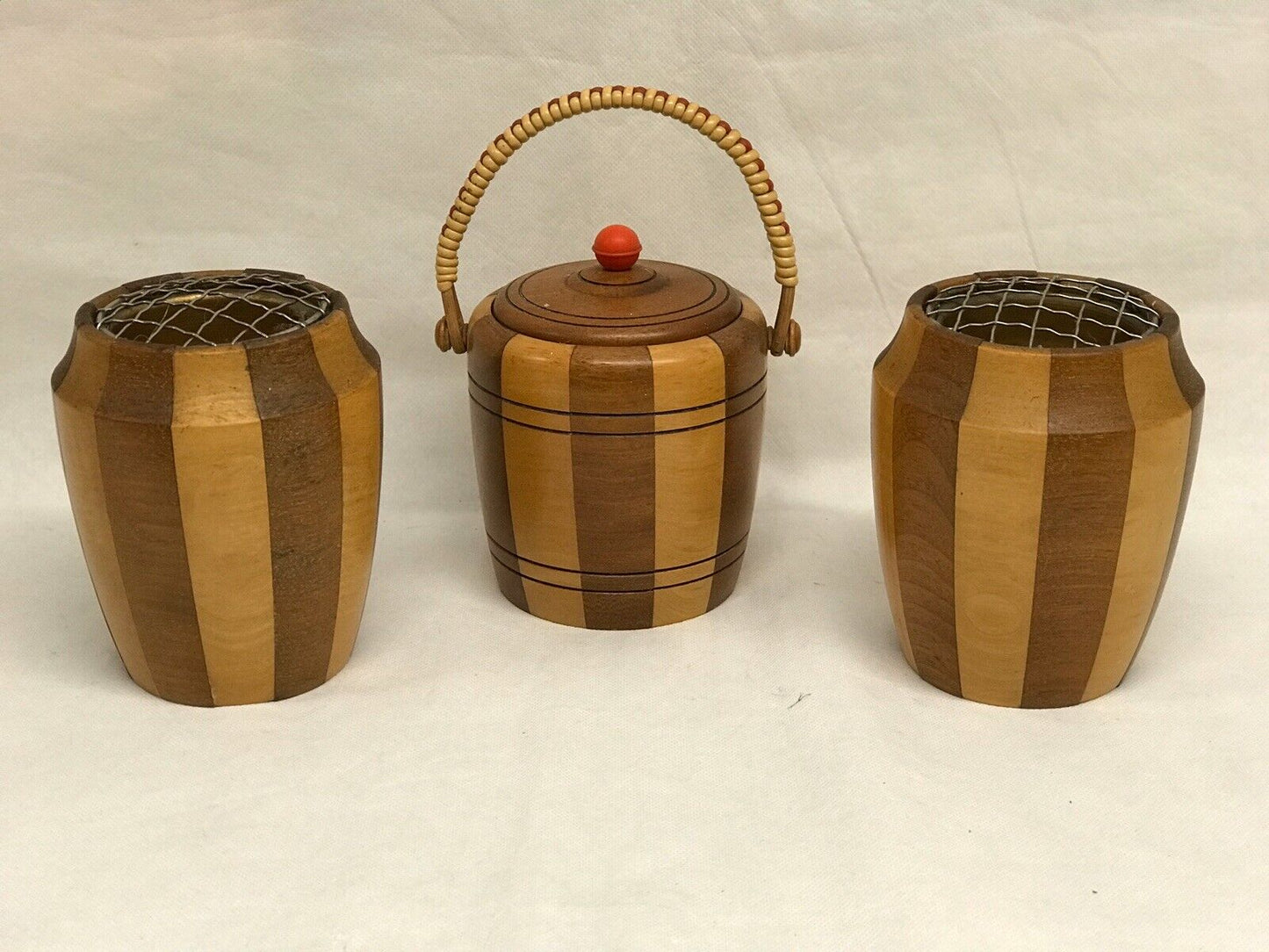 Mid Century Set Of Wooden Pots. Biscuit Barrel & 2 Posy Holders.