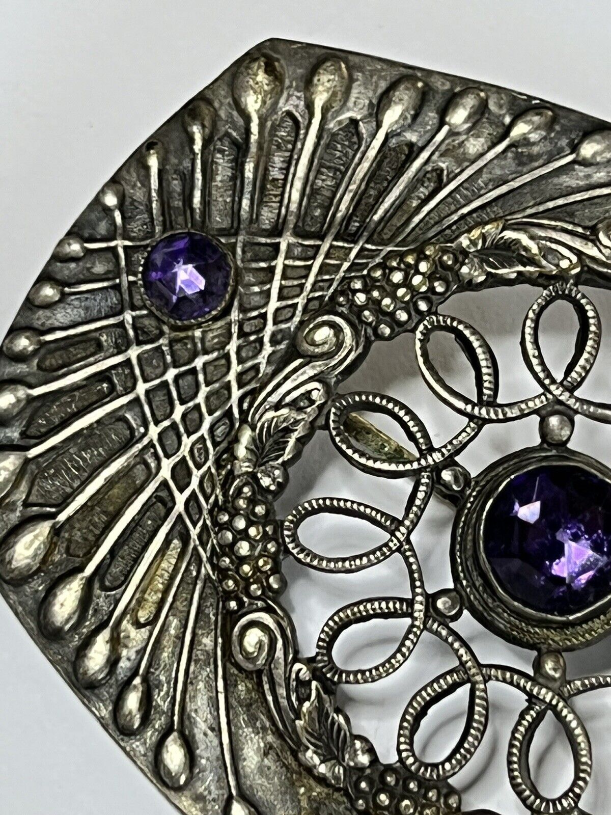 Vintage Silver Tone Purple Stone Faux Pearl Brooch