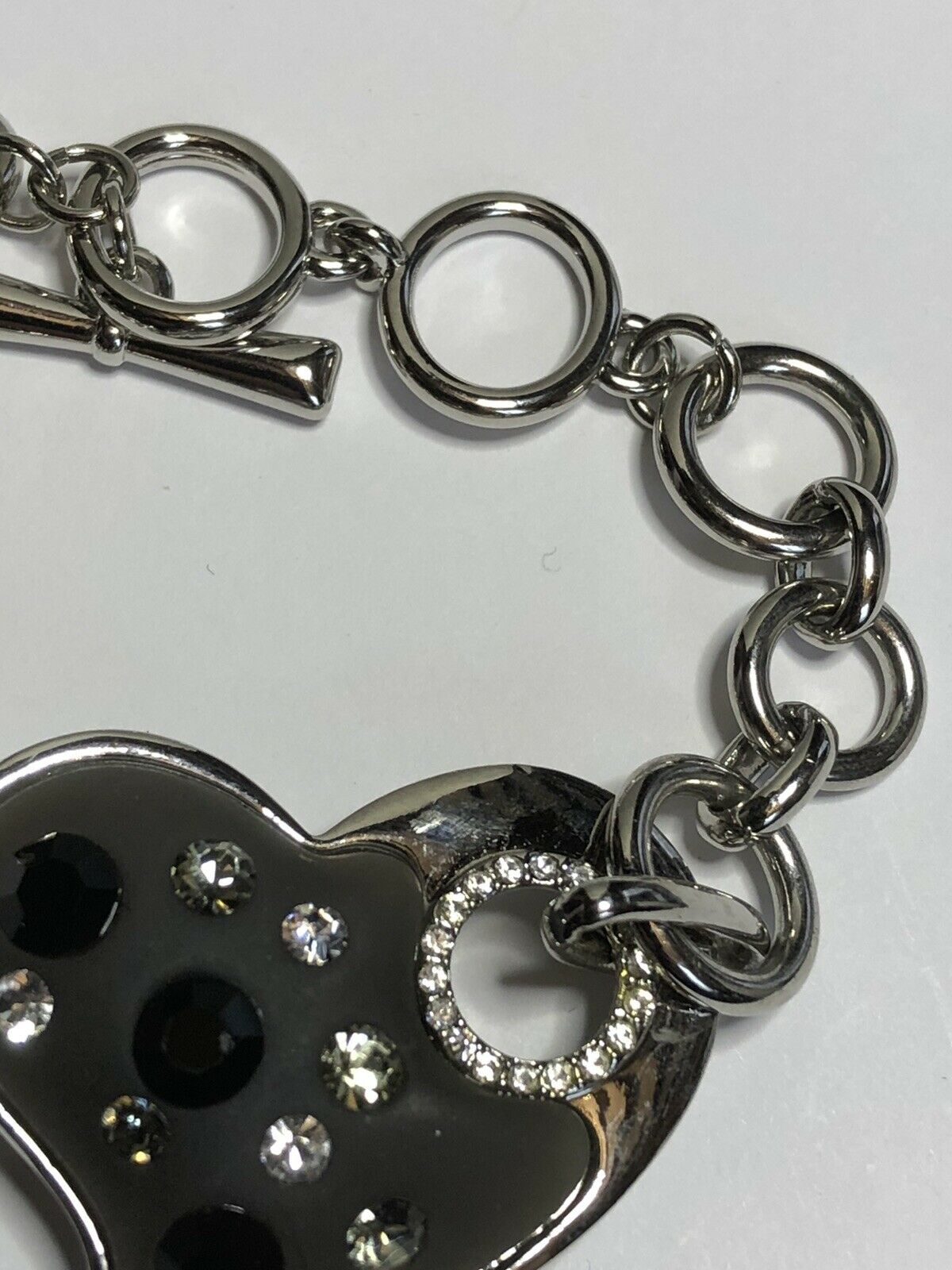 Vintage Silver Tone Glass Heart Diamanté Toggle Bracelet
