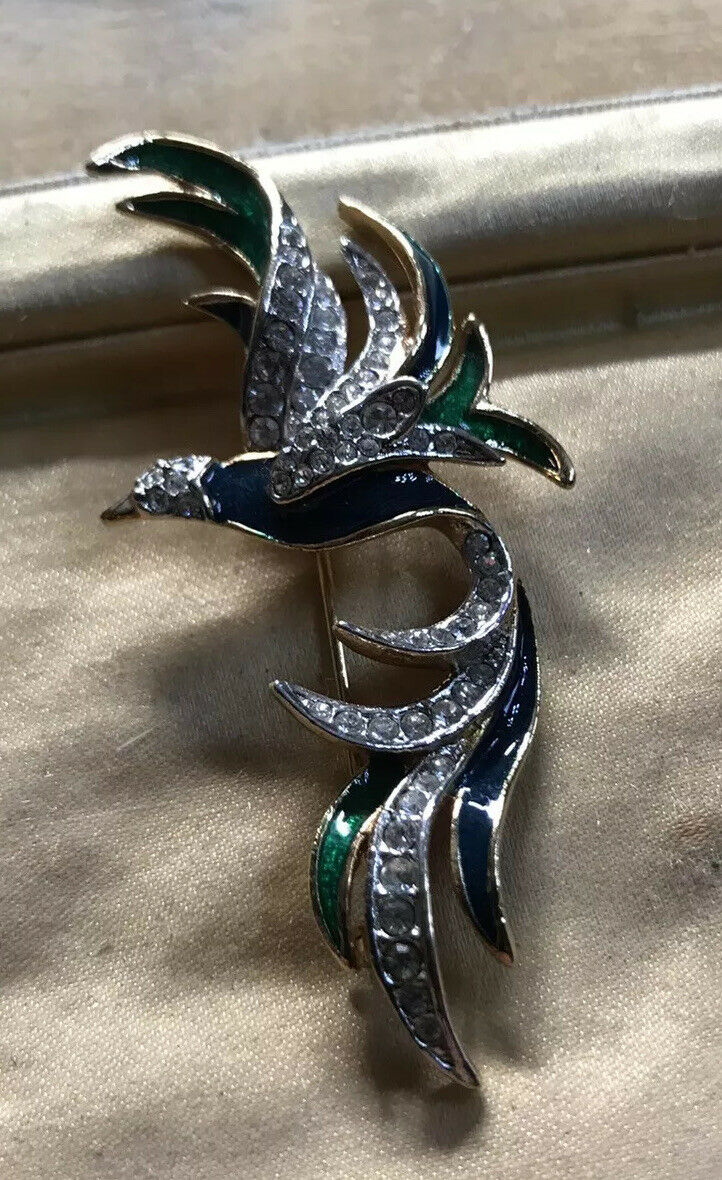 Vintage Bird Enamel And Diamanté Gold Tone Brooch