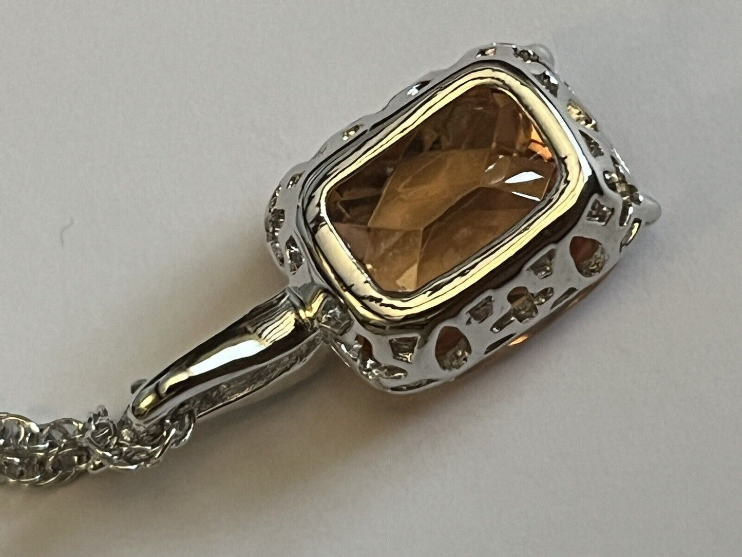 Vintage 1980s Rhodium Plated Solitaire Orange Crystal Necklace New Old Stock