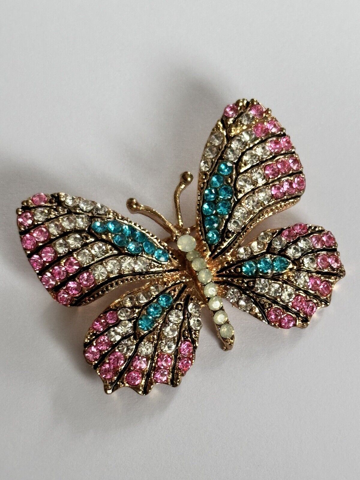 Vintage Gold Tone Pink Turquoise Diamanté Brooch