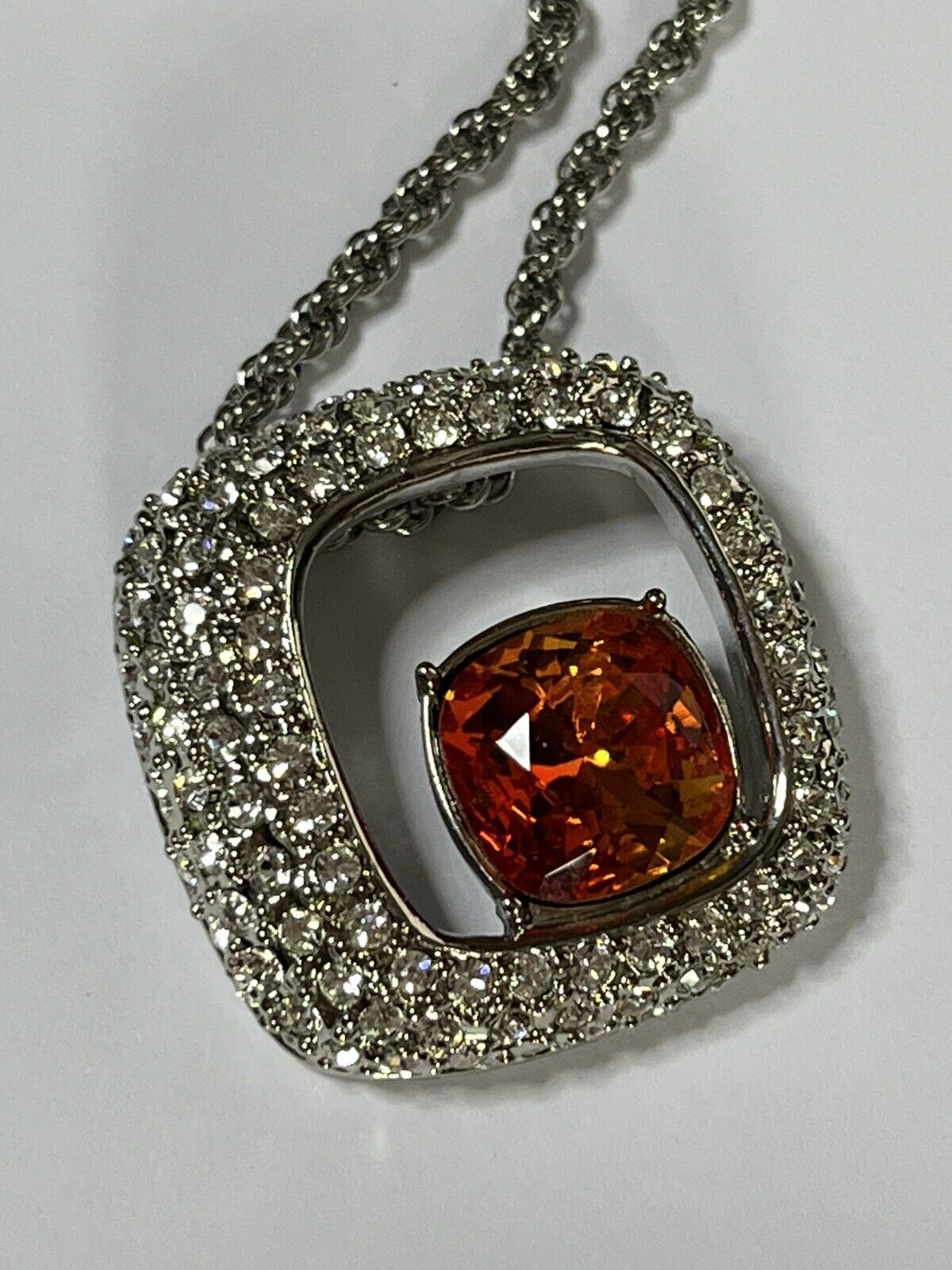 Vintage Signed 1980s Rhodium Plated Burnt Red Crystal Pendant Necklace