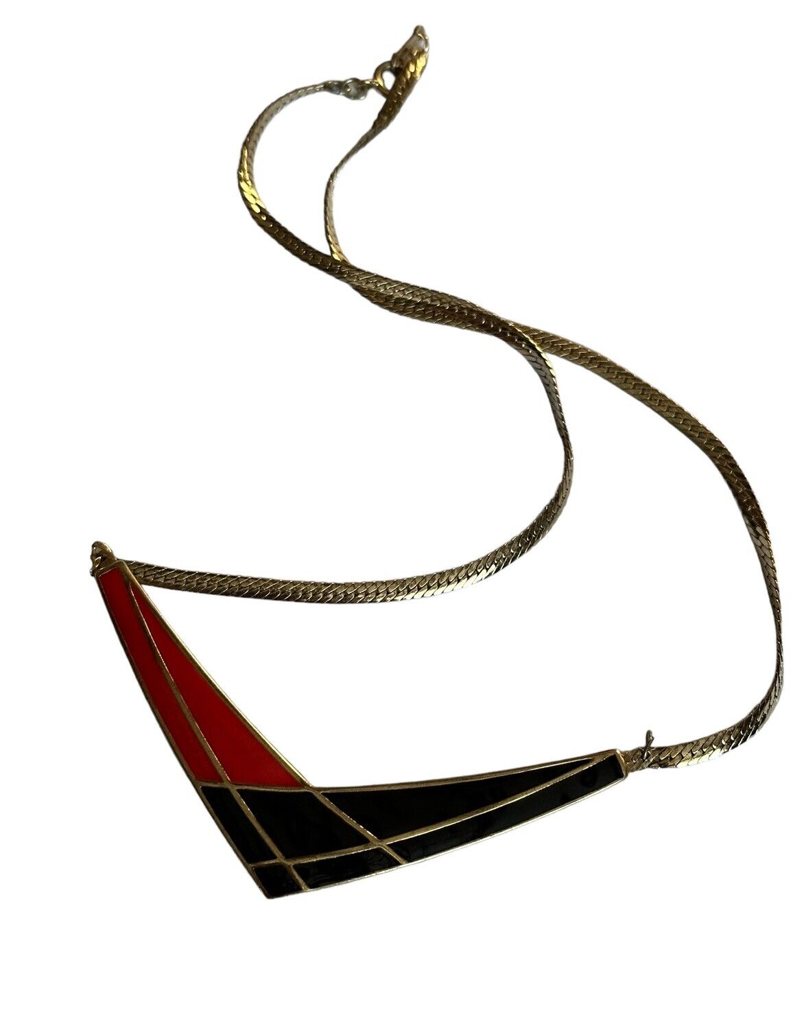Vintage 1980s Red Black Enamel Gold Tone Necklace