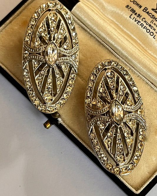 Vintage Deco Silver Tone Diamanté Statement Clip On Earrings
